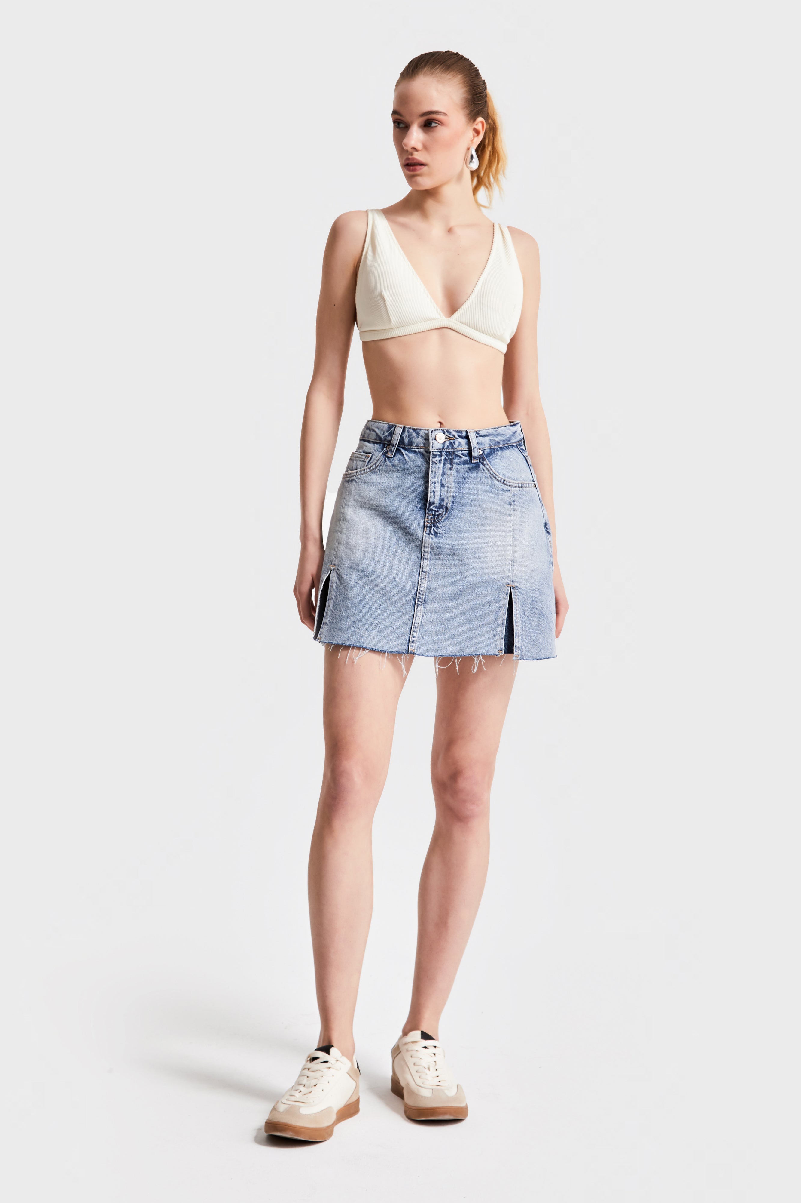 Women's Denim Color 4S5-32 Slit Mini Length 100% Cotton Denim Skirt