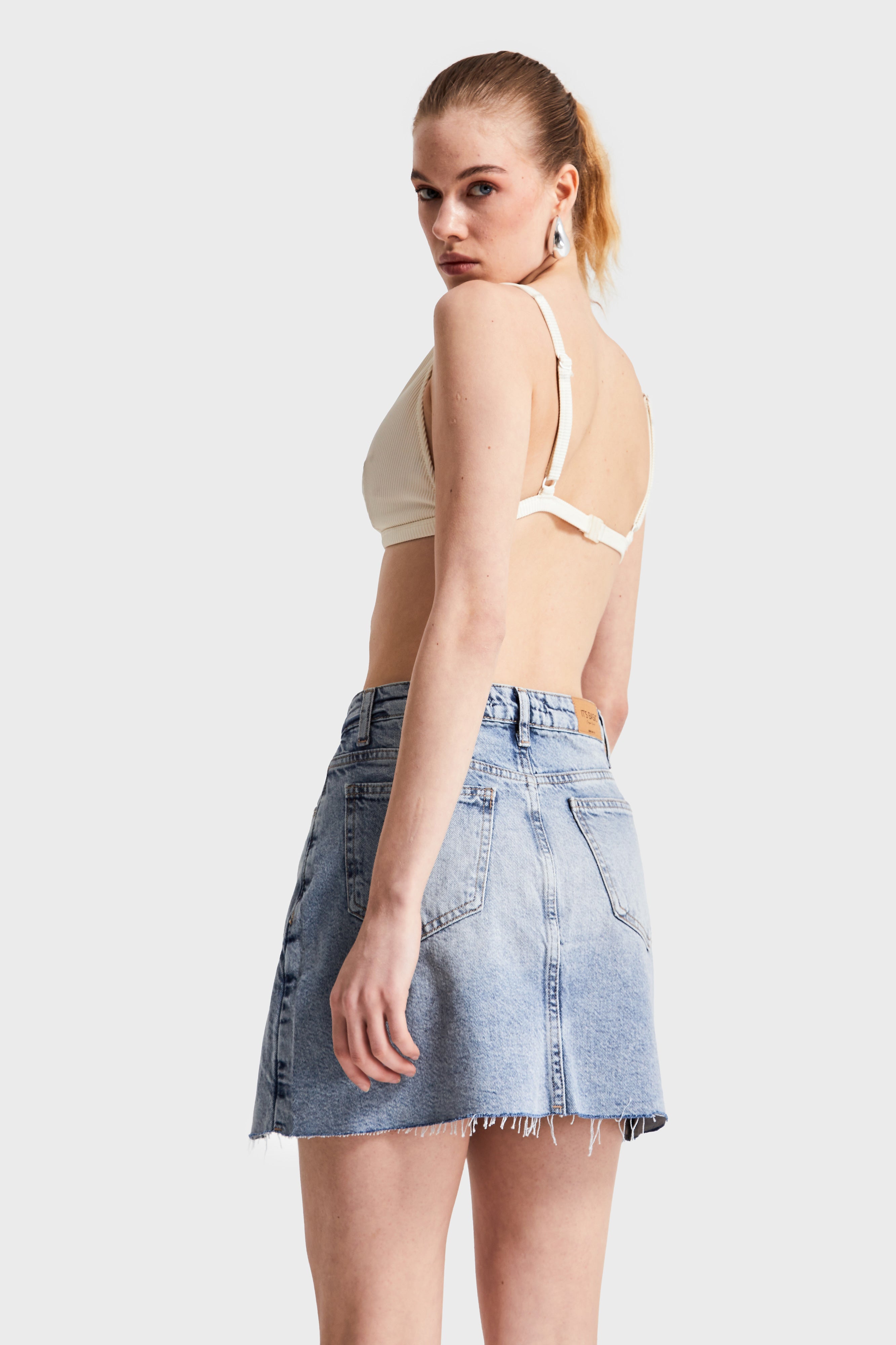 Women's Denim Color 4S5-32 Slit Mini Length 100% Cotton Denim Skirt