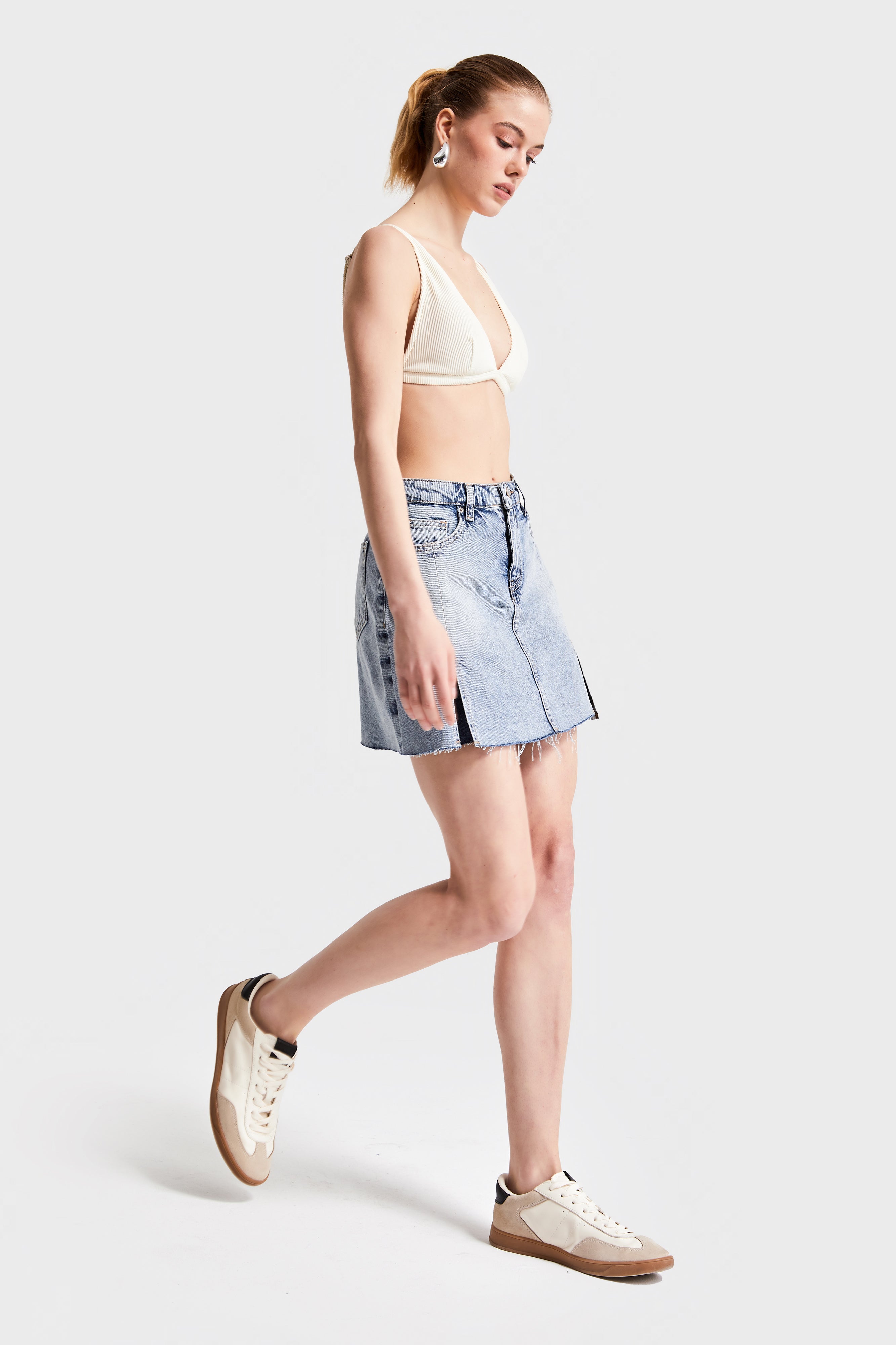 Women's Denim Color 4S5-32 Slit Mini Length 100% Cotton Denim Skirt