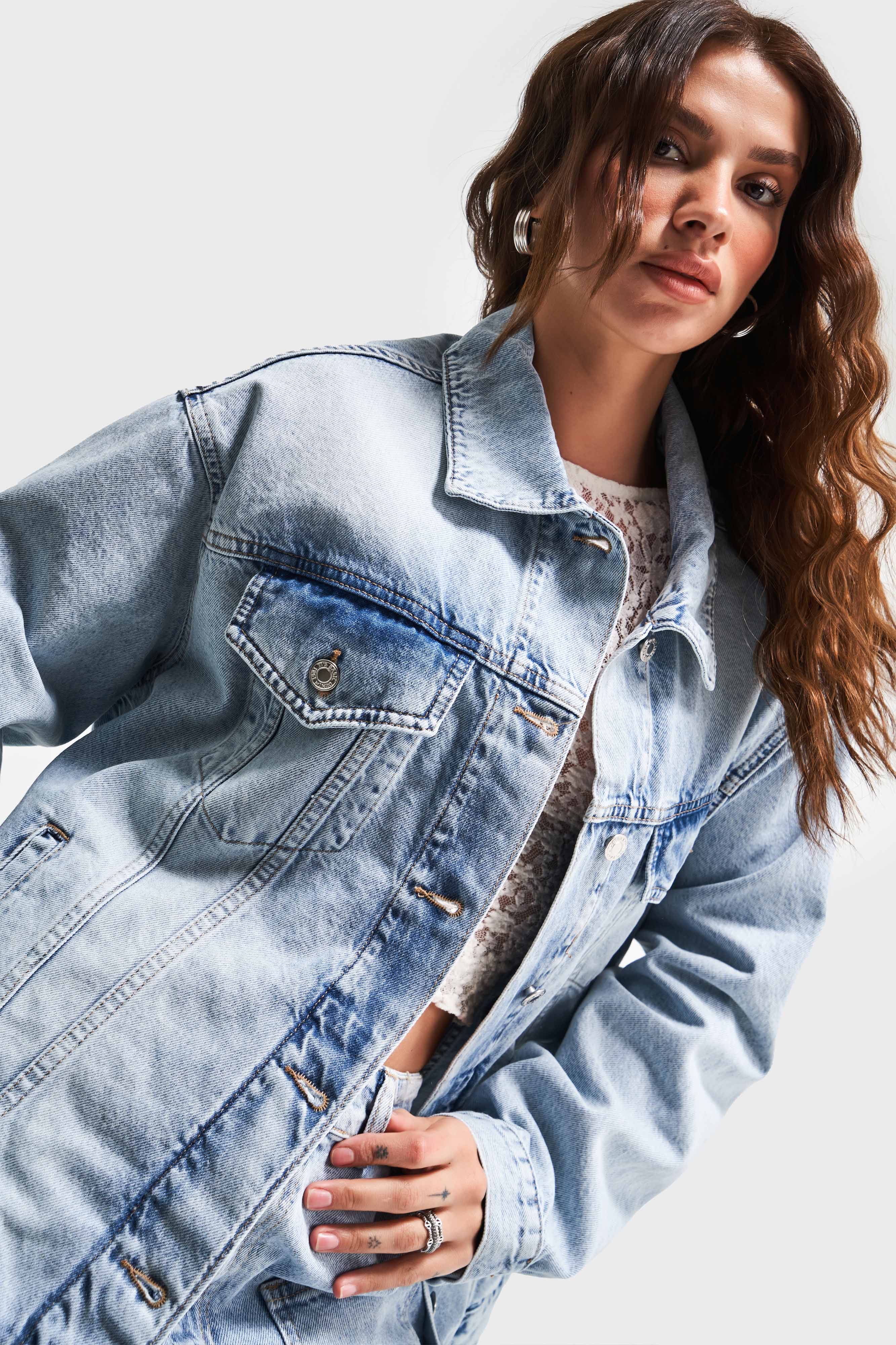 Kadın Kot Rengi 4S5-84 Oversize Bol Kesim %100 Koton Denim Ceket