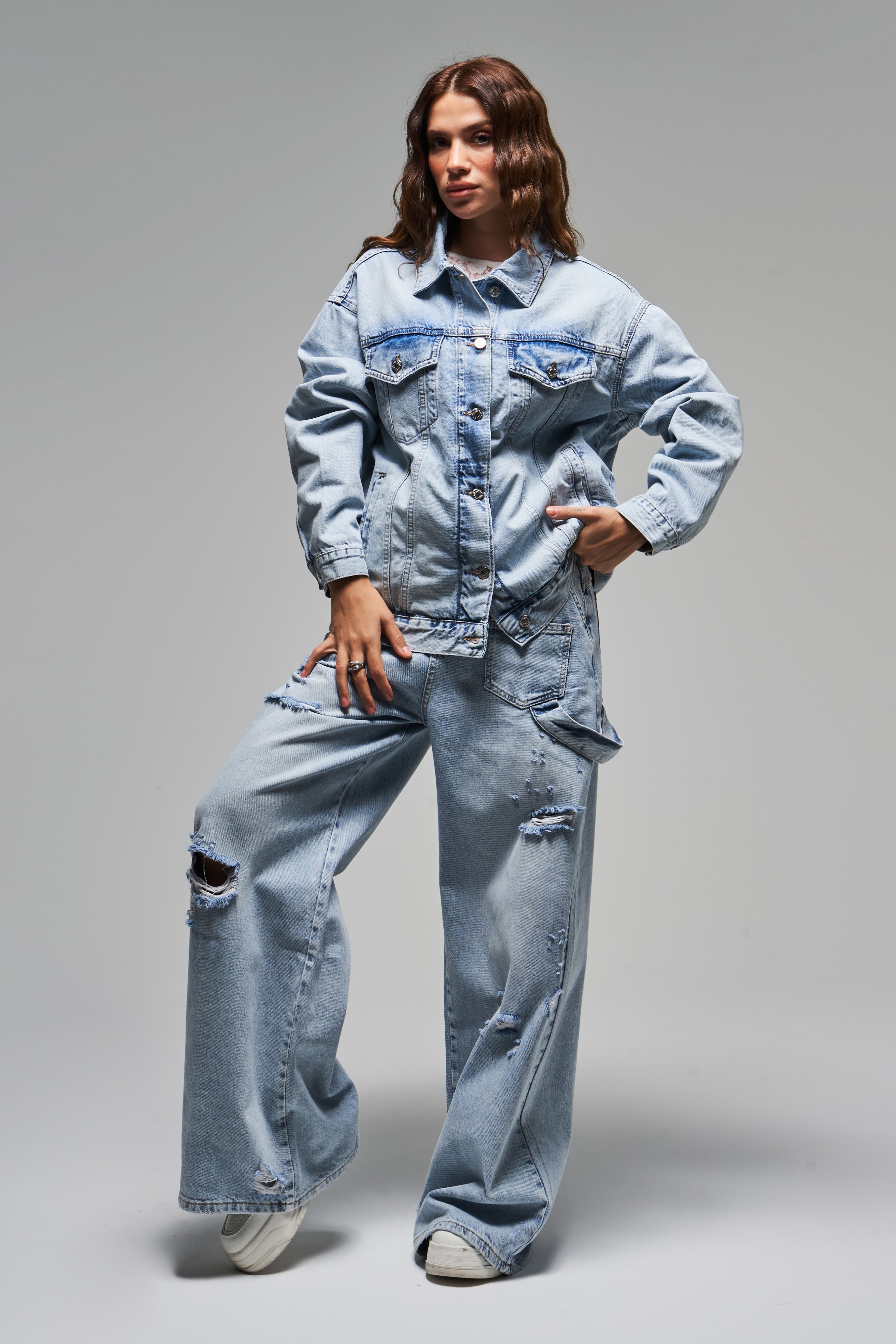 Kadın Kot Rengi 4S5-84 Oversize Bol Kesim %100 Koton Denim Ceket