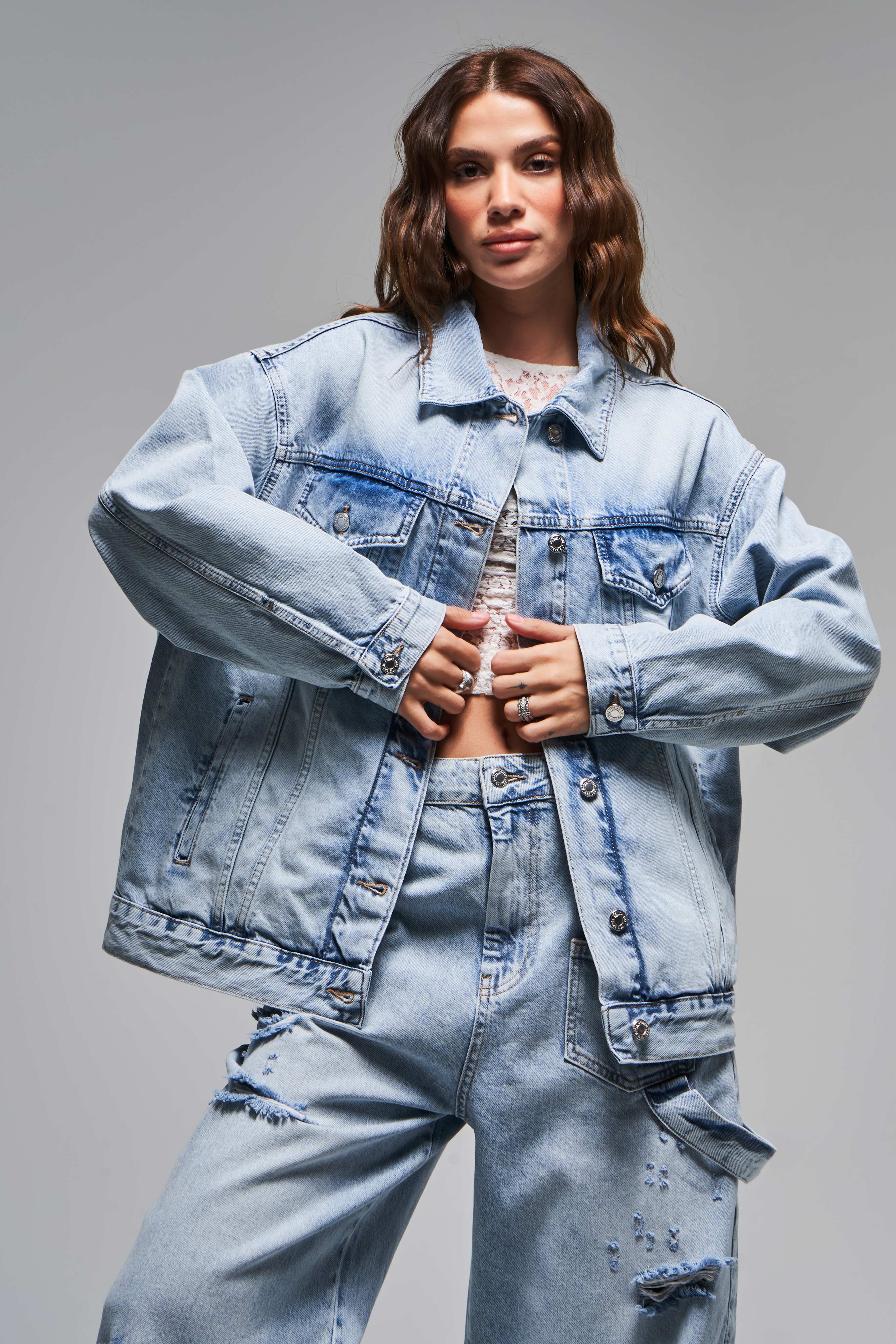 Kadın Kot Rengi 4S5-84 Oversize Bol Kesim %100 Koton Denim Ceket