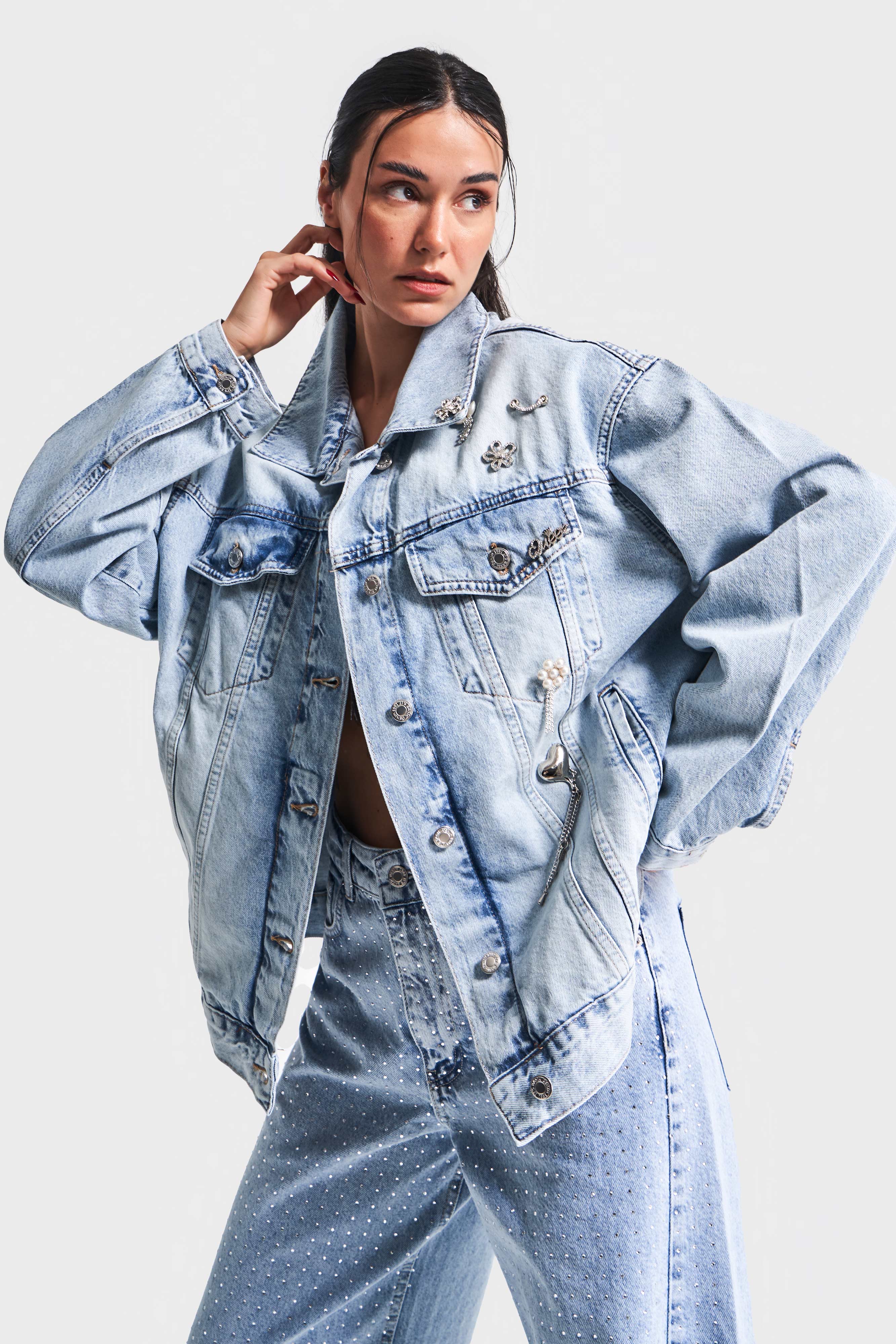Kadın Kot Rengi 4S5-84 Taş Detaylı Oversize Bol Kesim %100 Koton Tasarım Denim Ceket