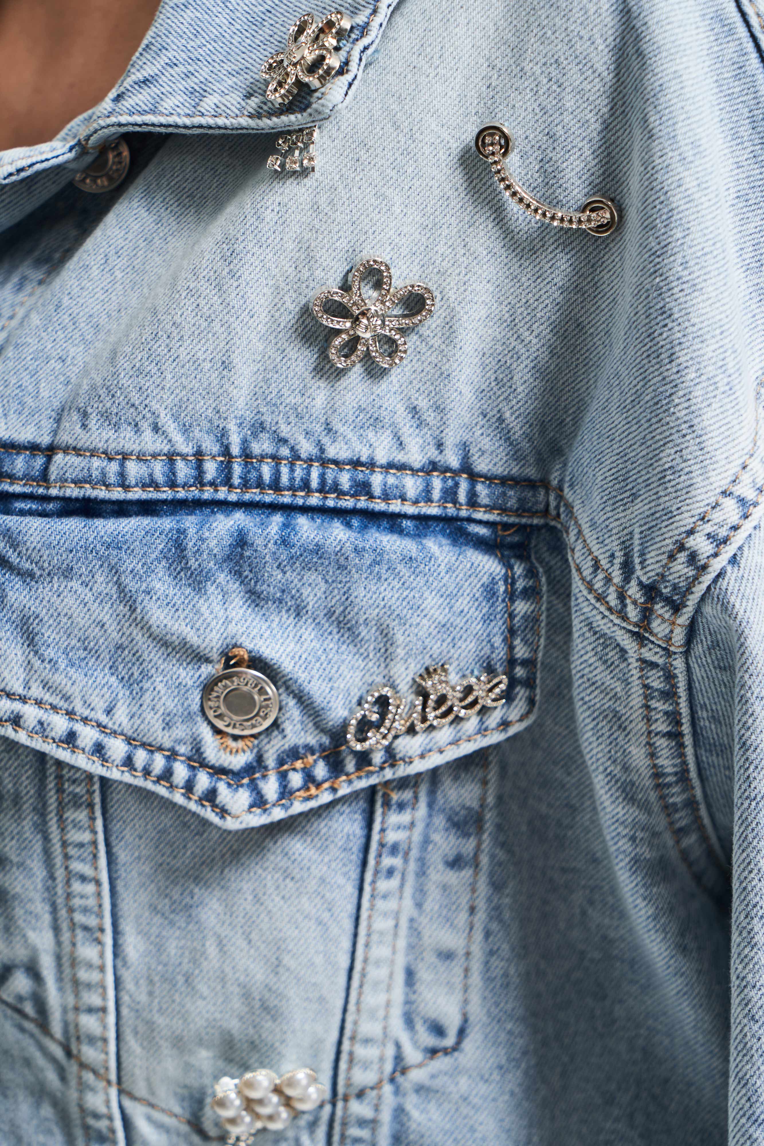 Kadın Kot Rengi 4S5-84 Taş Detaylı Oversize Bol Kesim %100 Koton Tasarım Denim Ceket