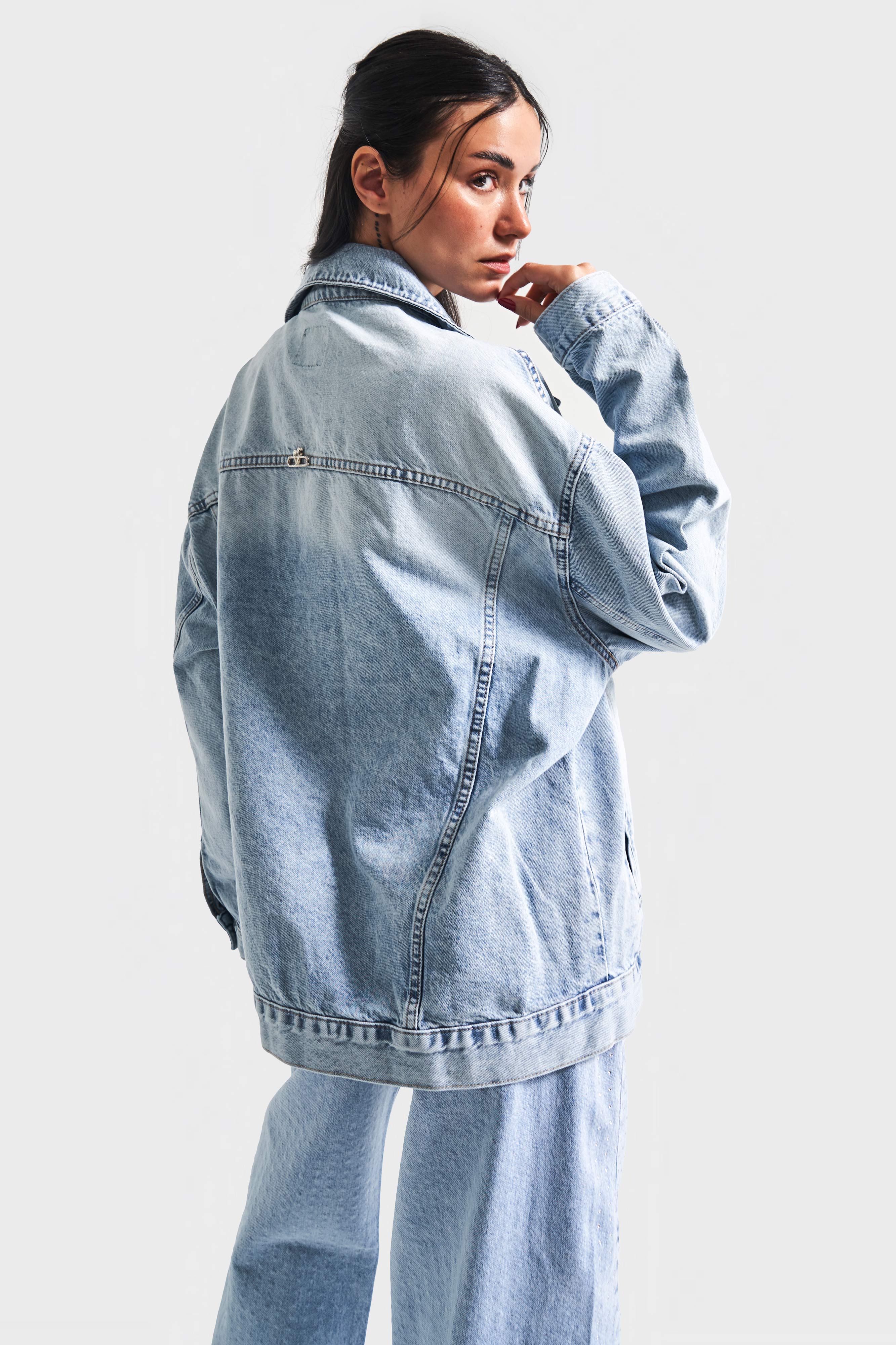 Kadın Kot Rengi 4S5-84 Taş Detaylı Oversize Bol Kesim %100 Koton Tasarım Denim Ceket