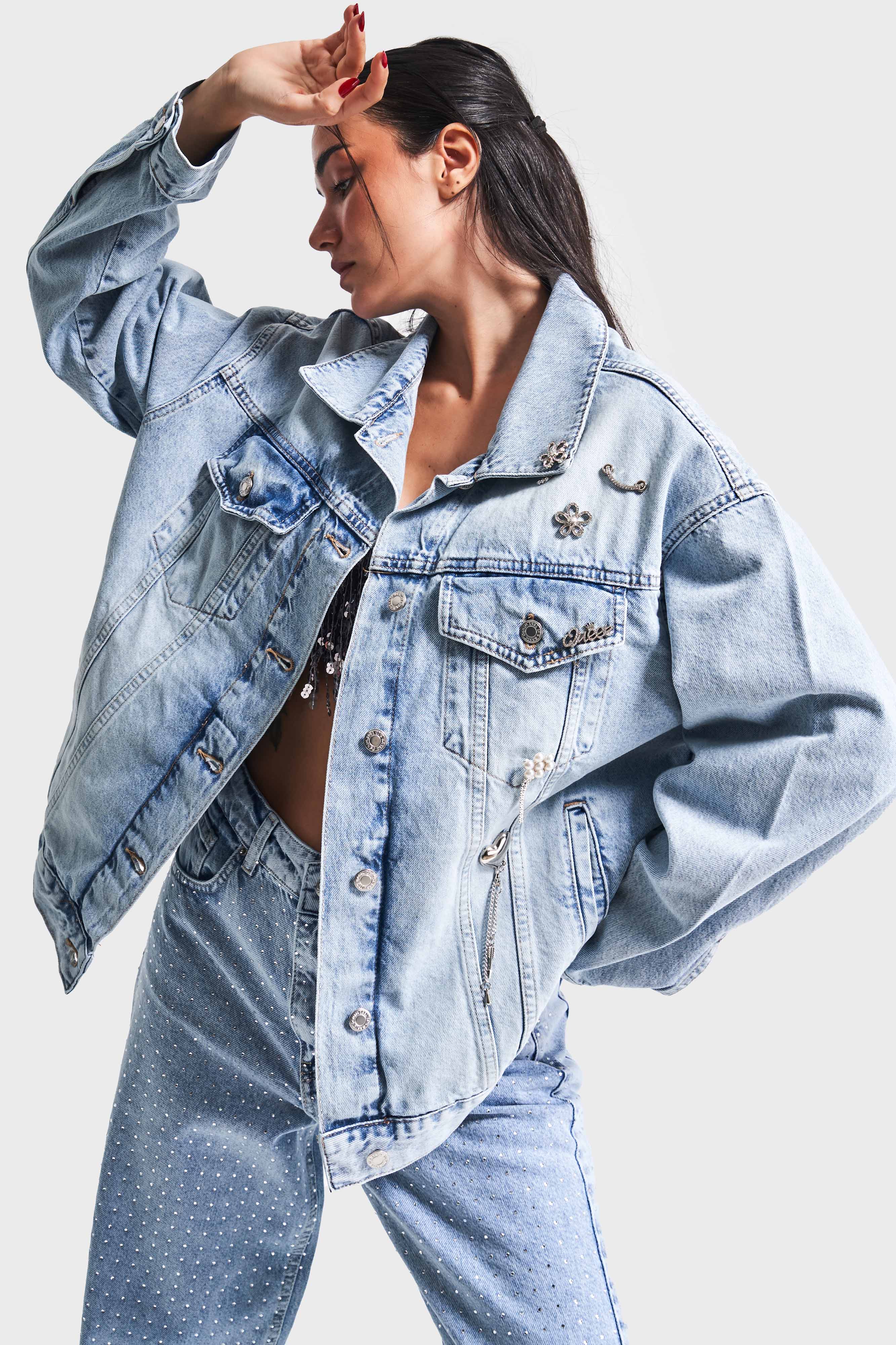 Kadın Kot Rengi 4S5-84 Taş Detaylı Oversize Bol Kesim %100 Koton Tasarım Denim Ceket