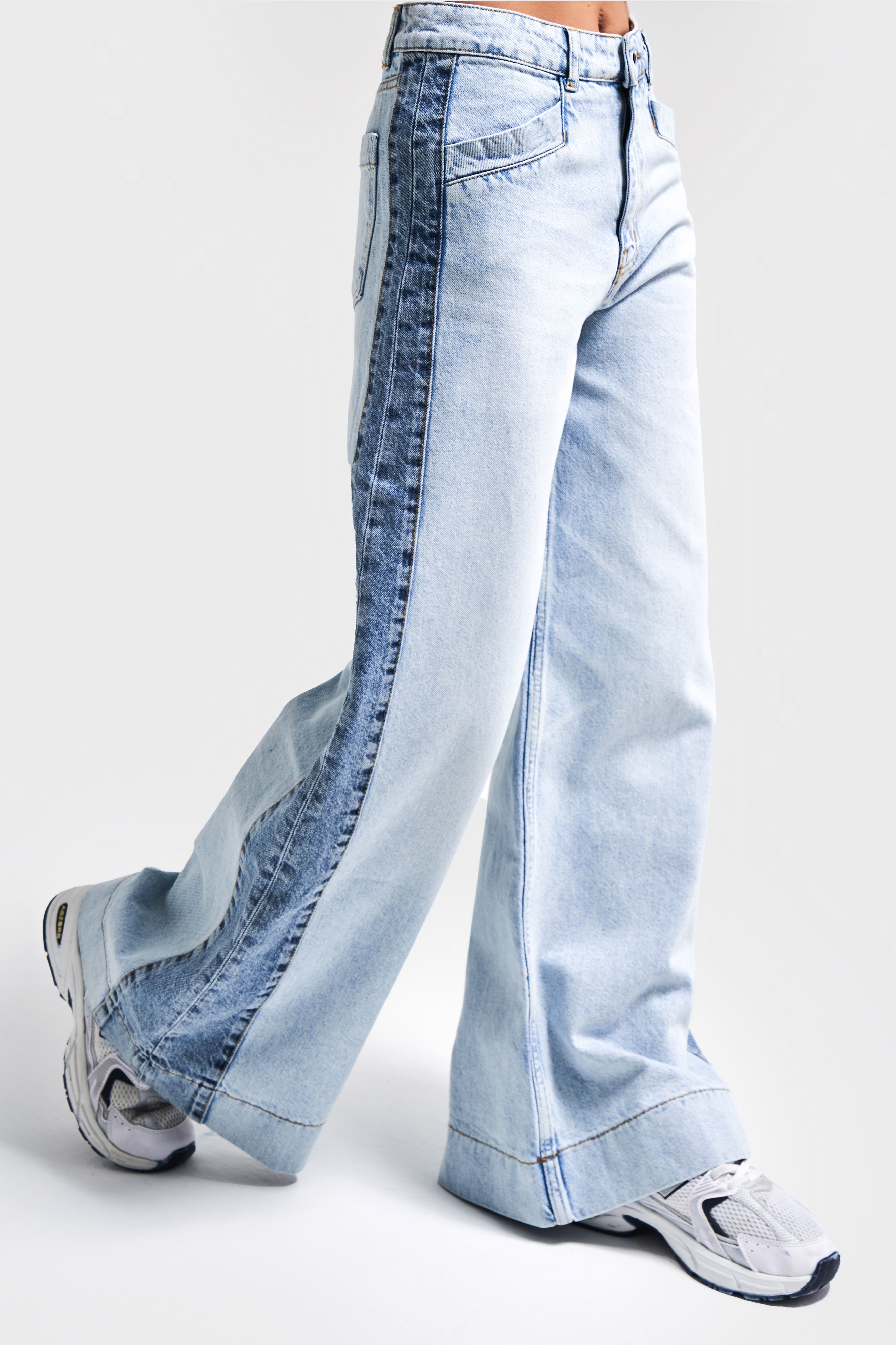 Kadın Kot Rengi 4s5-99 Long Wide Leg Fit Çift Renk Bol Kesim %100 Koton Tasarım Denim Jean