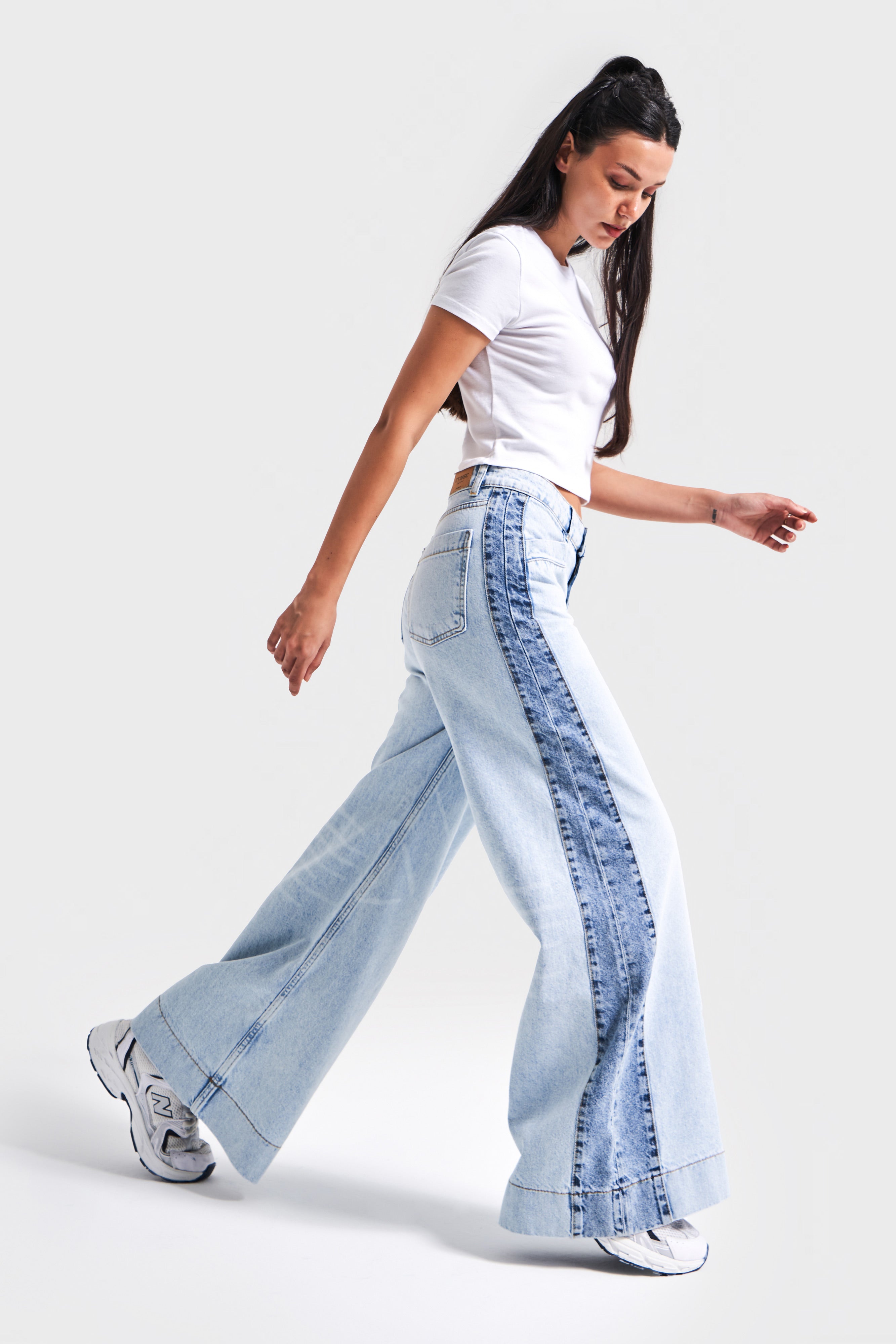 Kadın Kot Rengi 4s5-99 Long Wide Leg Fit Çift Renk Bol Kesim %100 Koton Tasarım Denim Jean