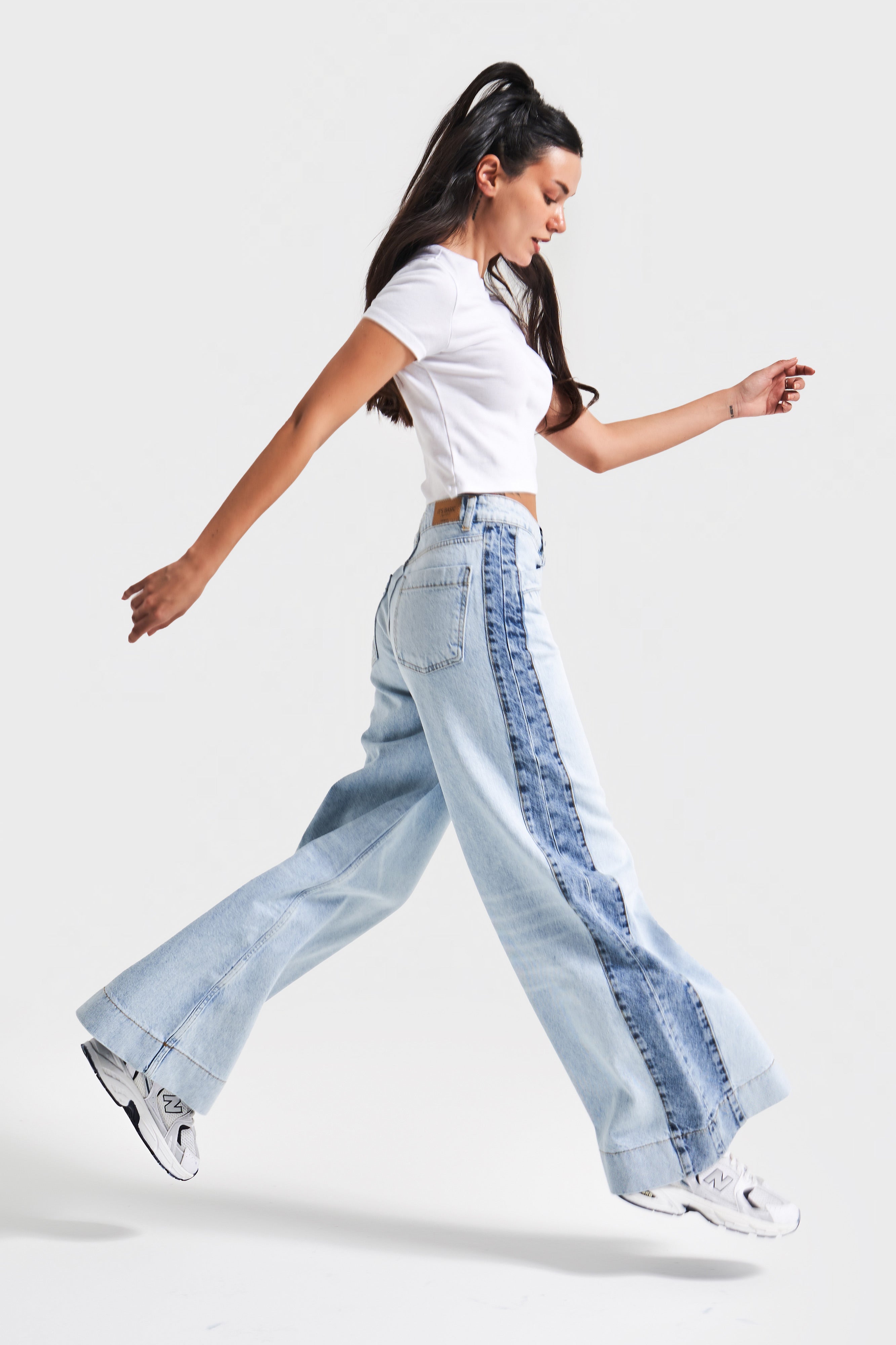 Kadın Kot Rengi 4s5-99 Long Wide Leg Fit Çift Renk Bol Kesim %100 Koton Tasarım Denim Jean