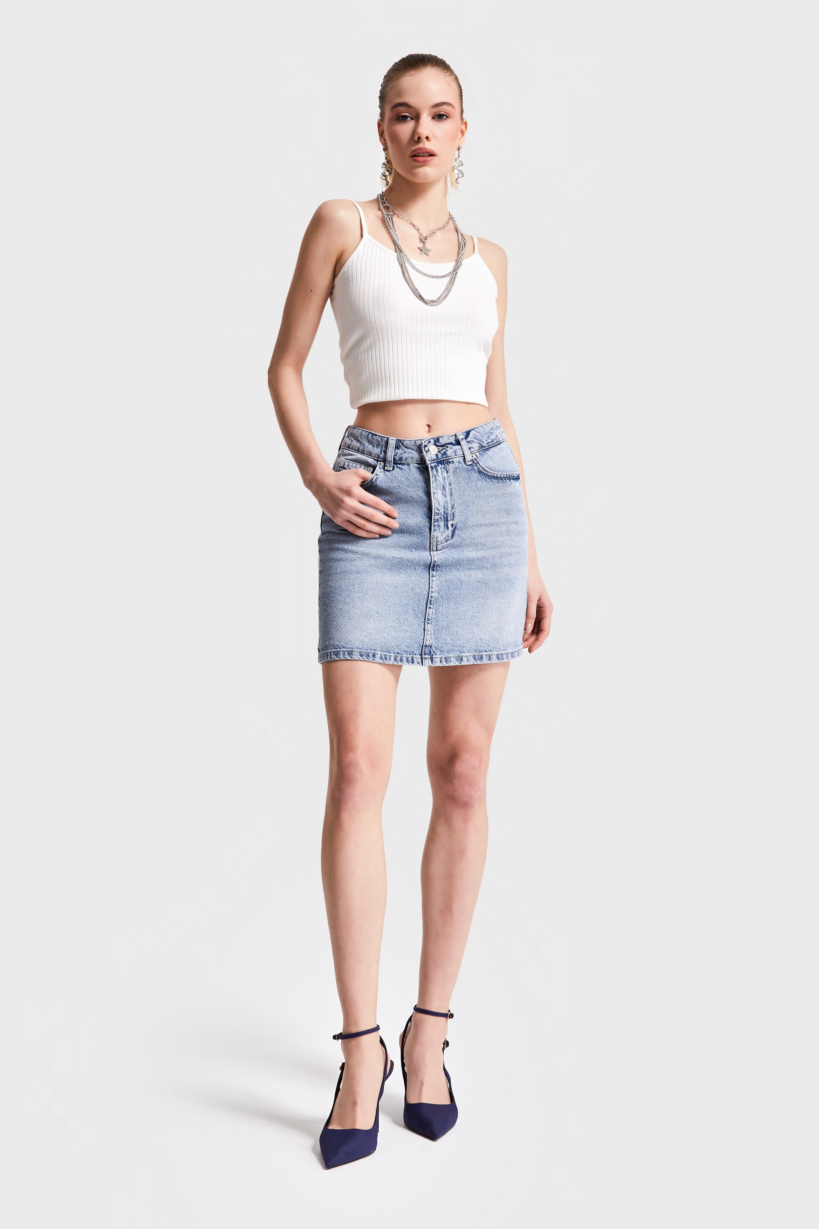 Kadın Kot Rengi 4S527 Straight Fit Uzunluk 42cm Denim Etek