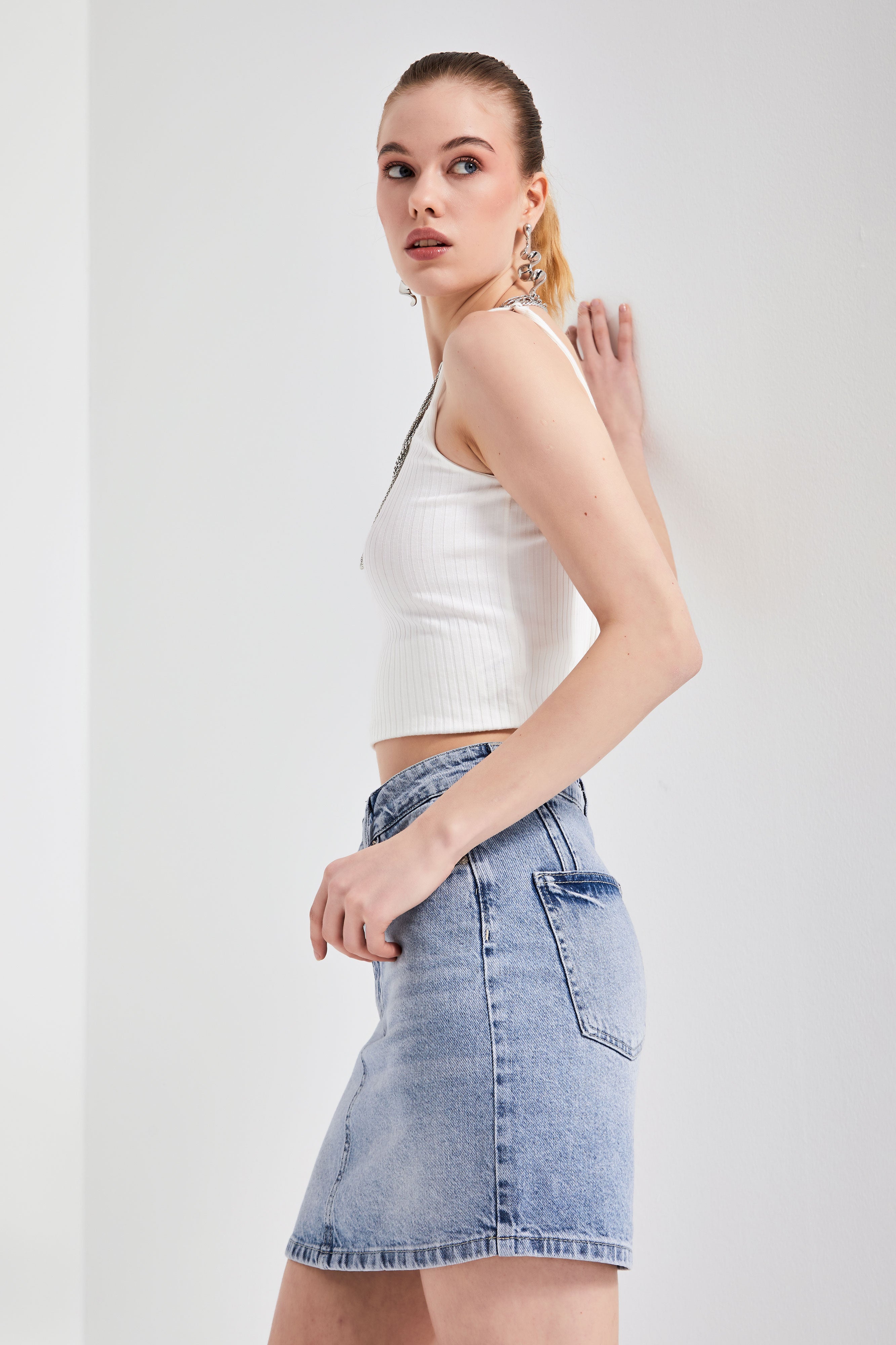 Kadın Kot Rengi 4S527 Straight Fit Uzunluk 42cm Denim Etek