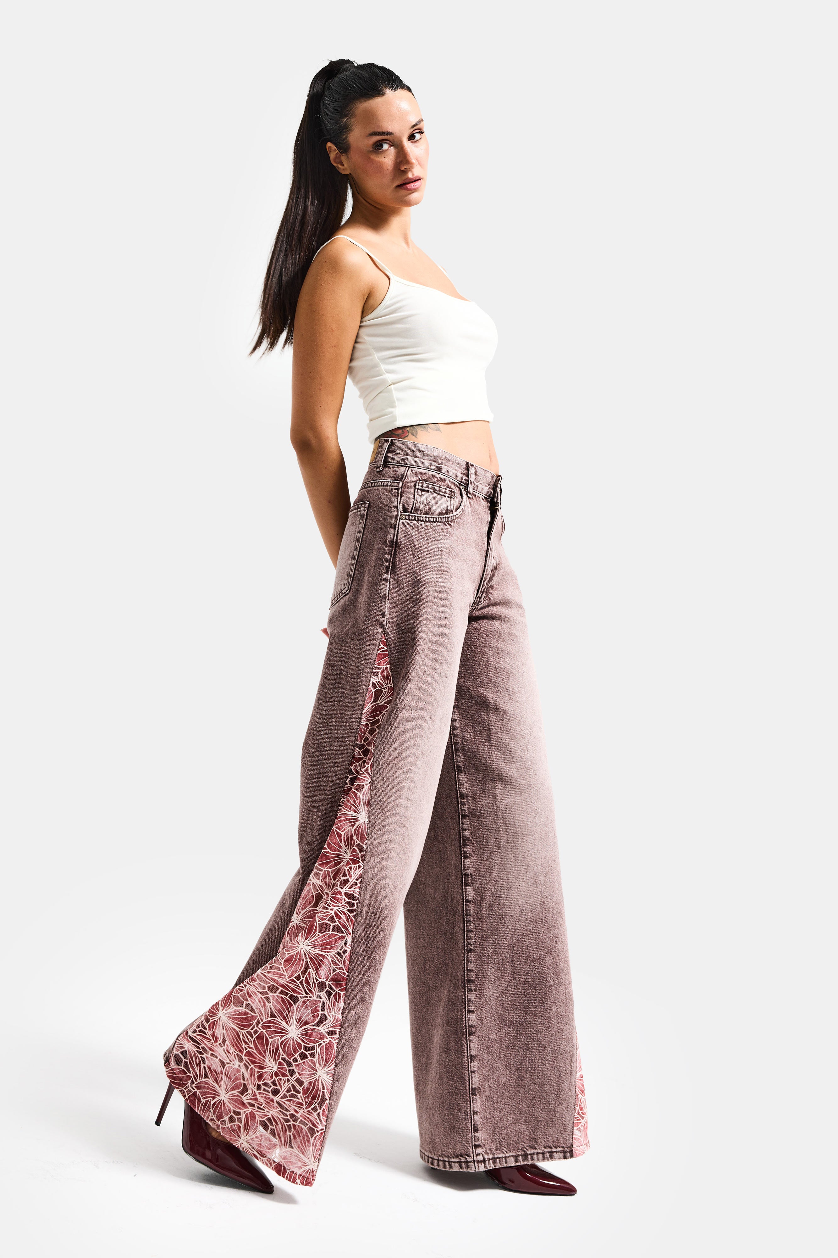 Kadın Kot Rengi 4s6-157 Palazzo Fit Gül Dantel Detaylı Özel Tasarım Denim Jean