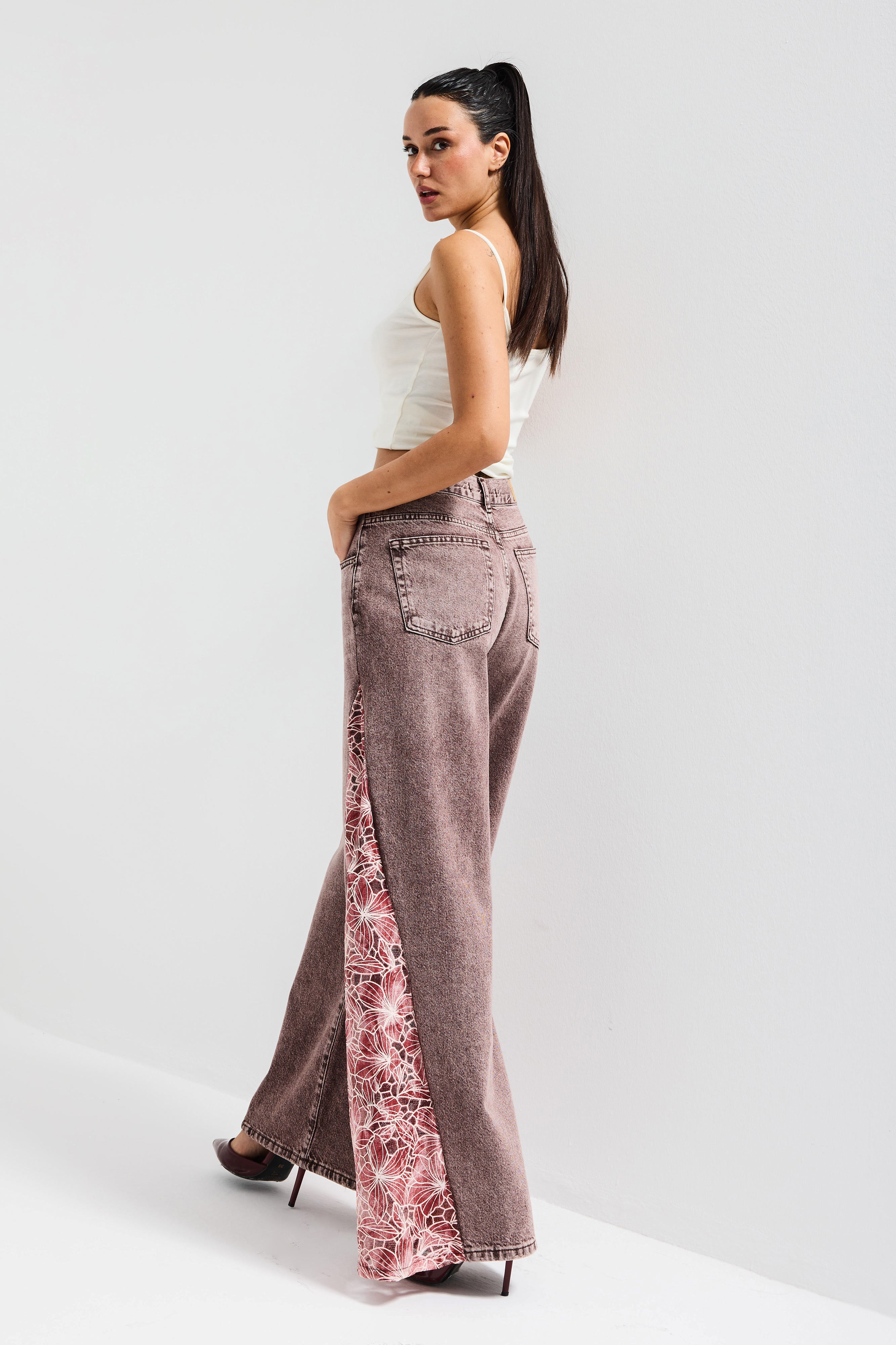 Kadın Kot Rengi 4s6-157 Palazzo Fit Gül Dantel Detaylı Özel Tasarım Denim Jean