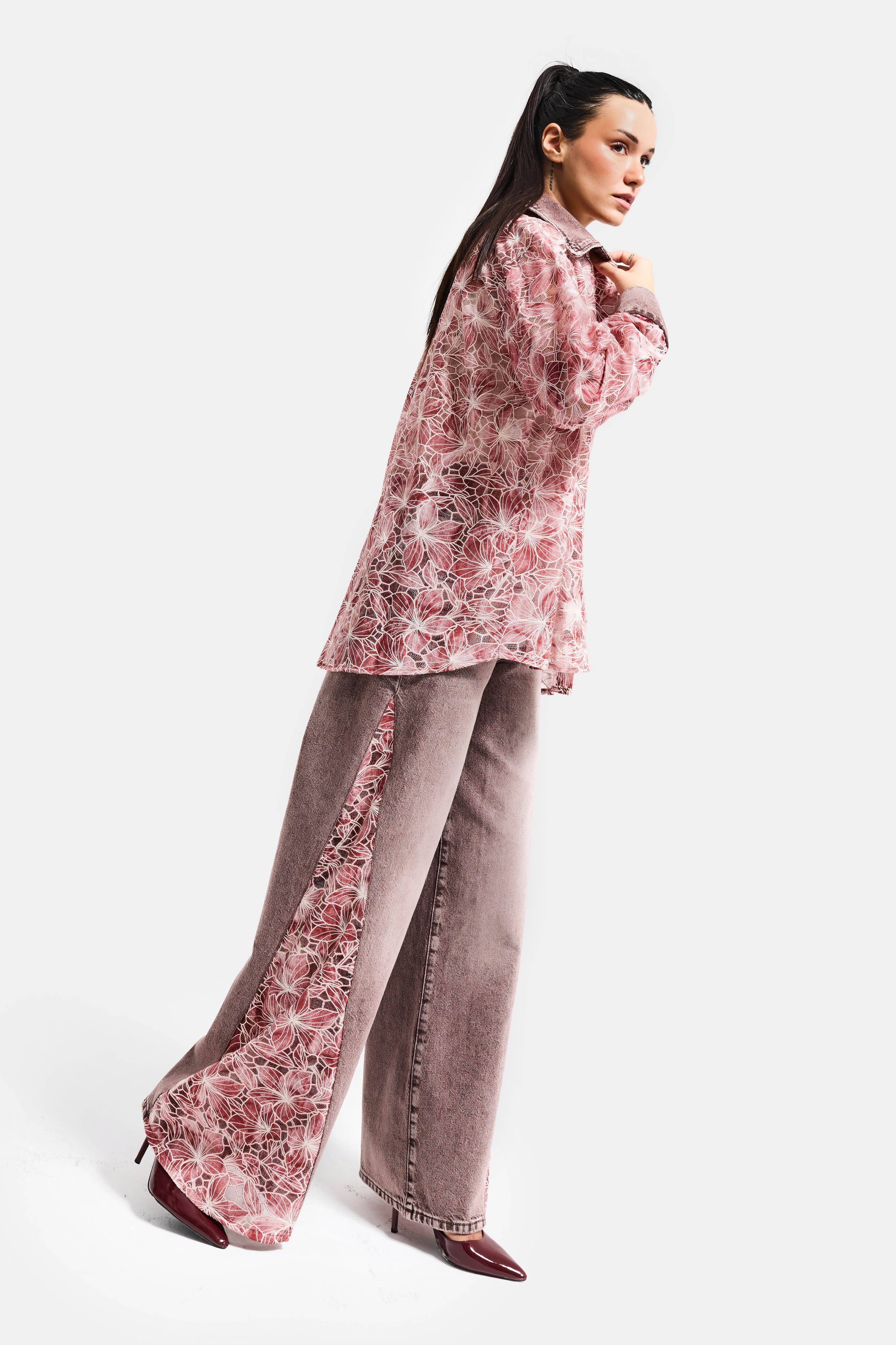 Kadın Kot Rengi 4s6-157 Palazzo Fit Gül Dantel Detaylı Özel Tasarım Denim Jean