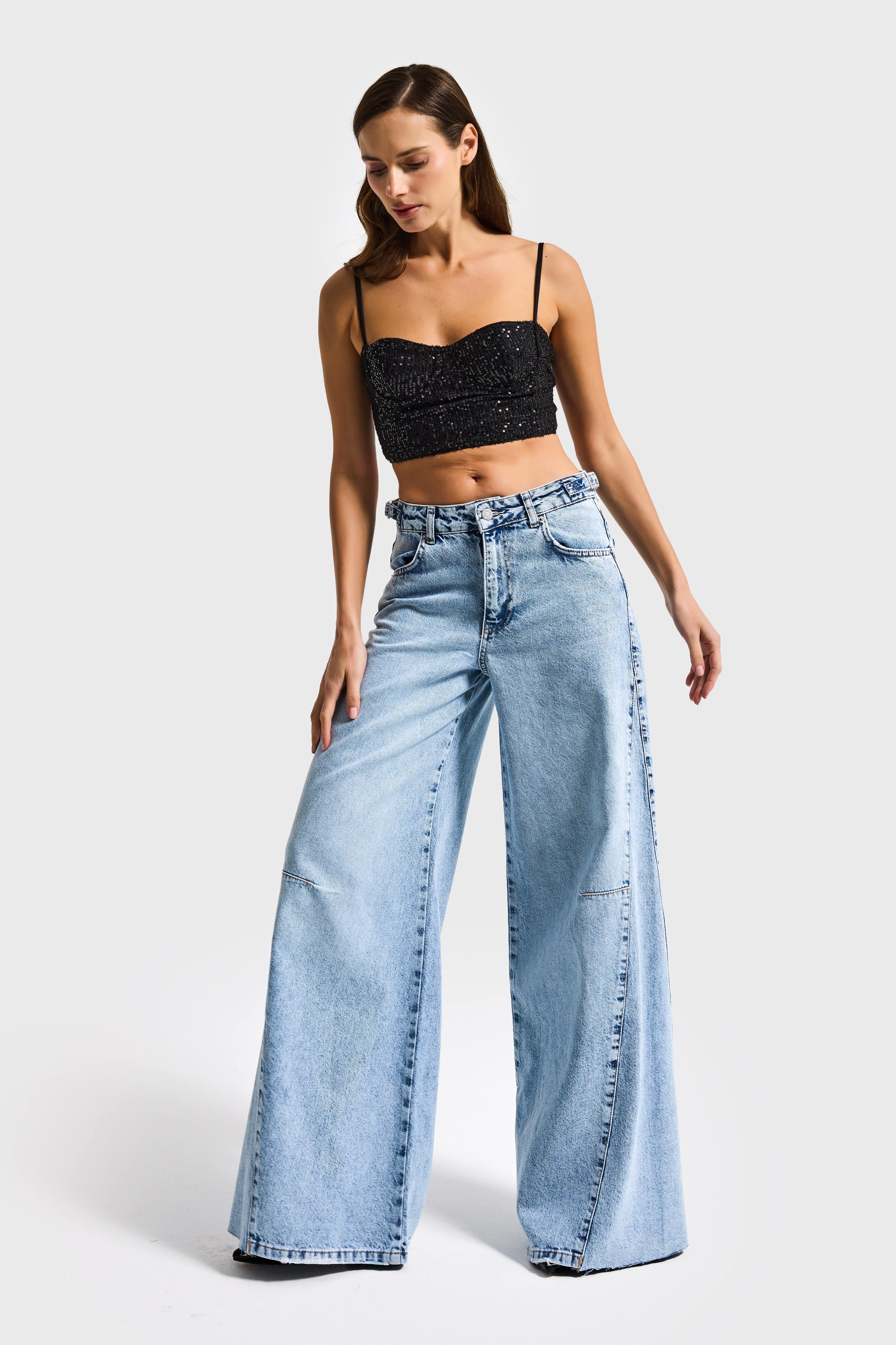 Kadın Kot Rengi 4s6-3 Baggy Palazzo Fit Kemer Detaylı %100 Koton Denim Jean