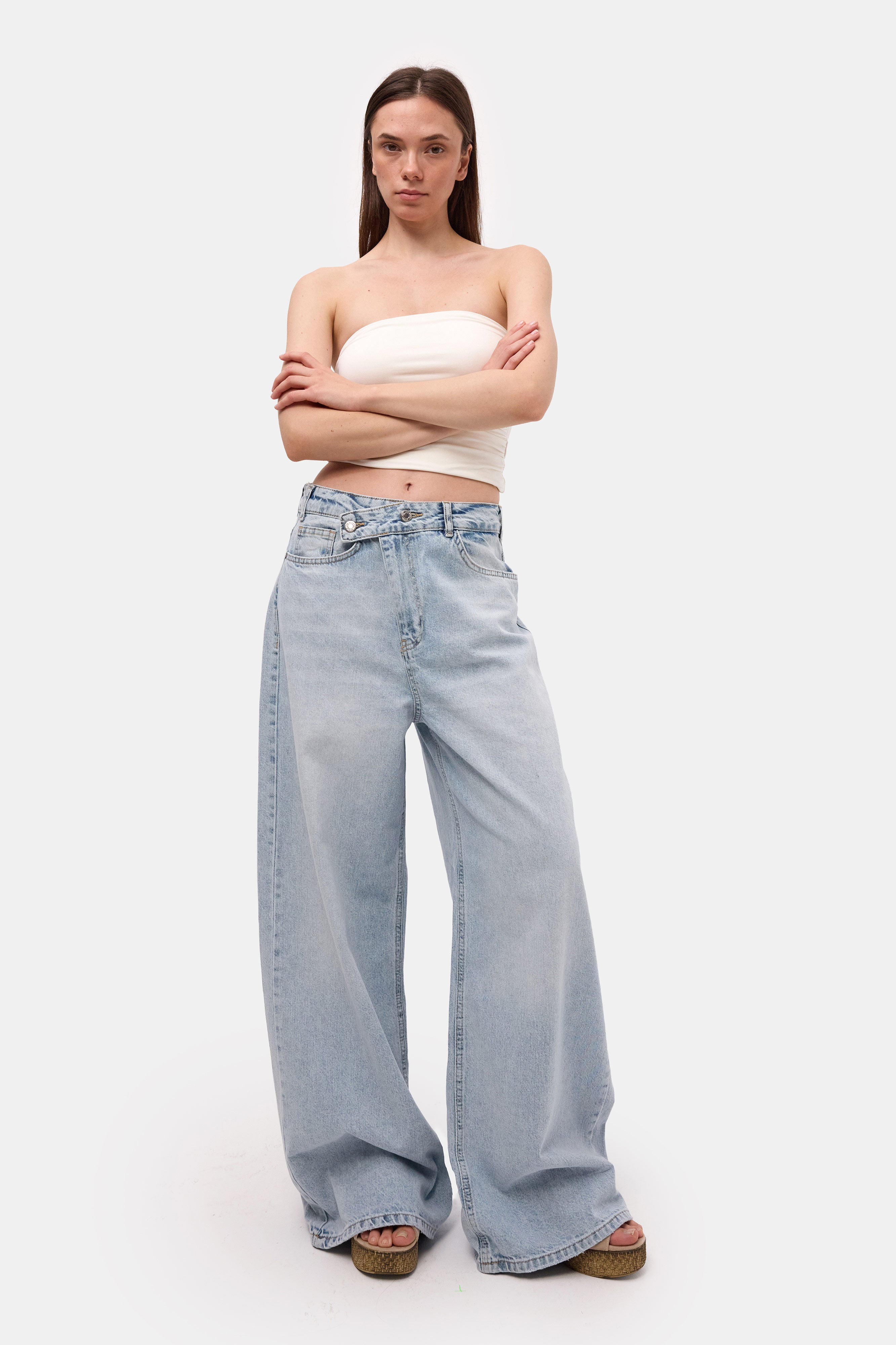 Kadın Kot Rengi 4s6-3 Mega Baggy Fit Kemer Detaylı Bol Kesim Denim Jean