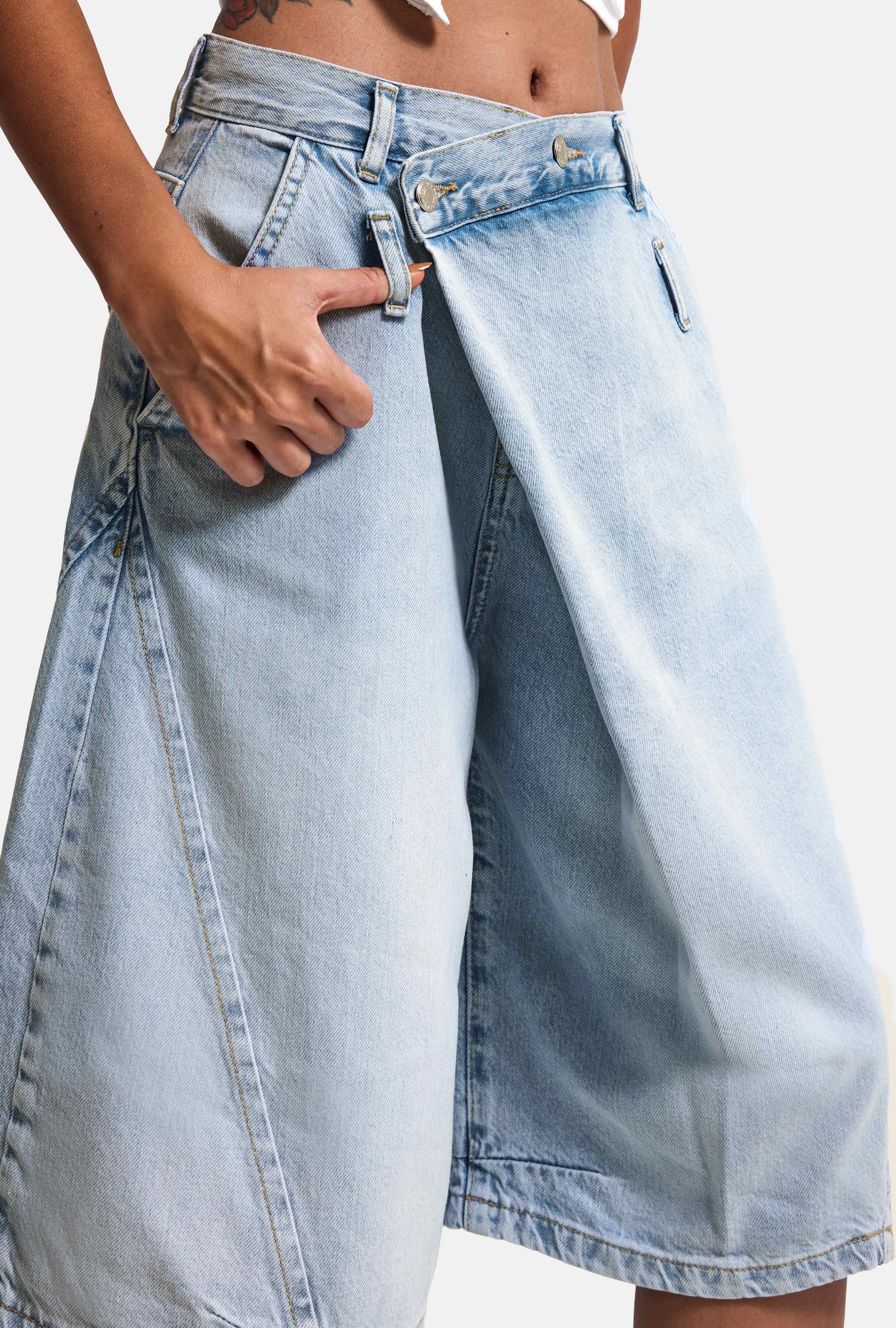 Kadın Kot Rengi 4s6-3 Süper Baggy Fit Maxi Bermuda Tasarım Denim Jort