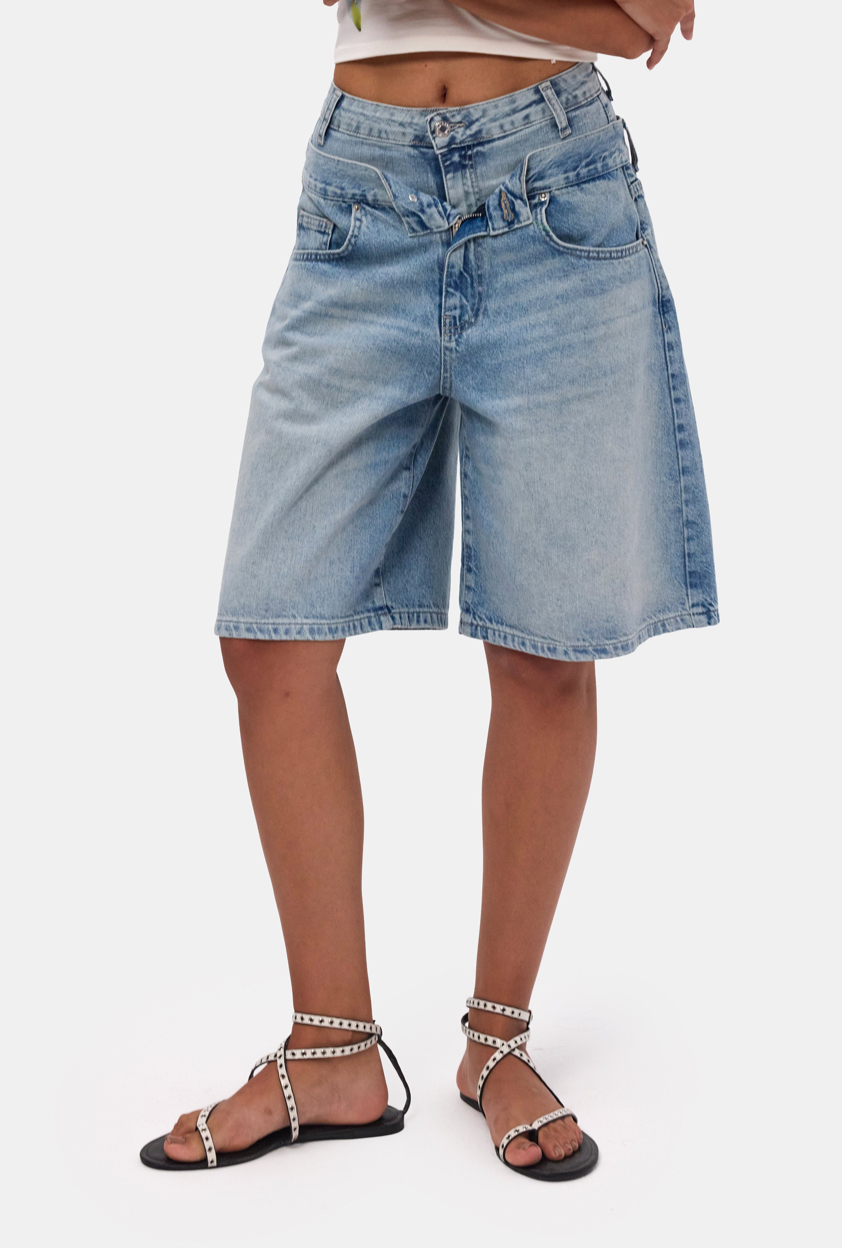 Kadın Kot Rengi 4s6-32 Baggy Fit Yüksek Bel Tasarım Denim Bermuda Şort