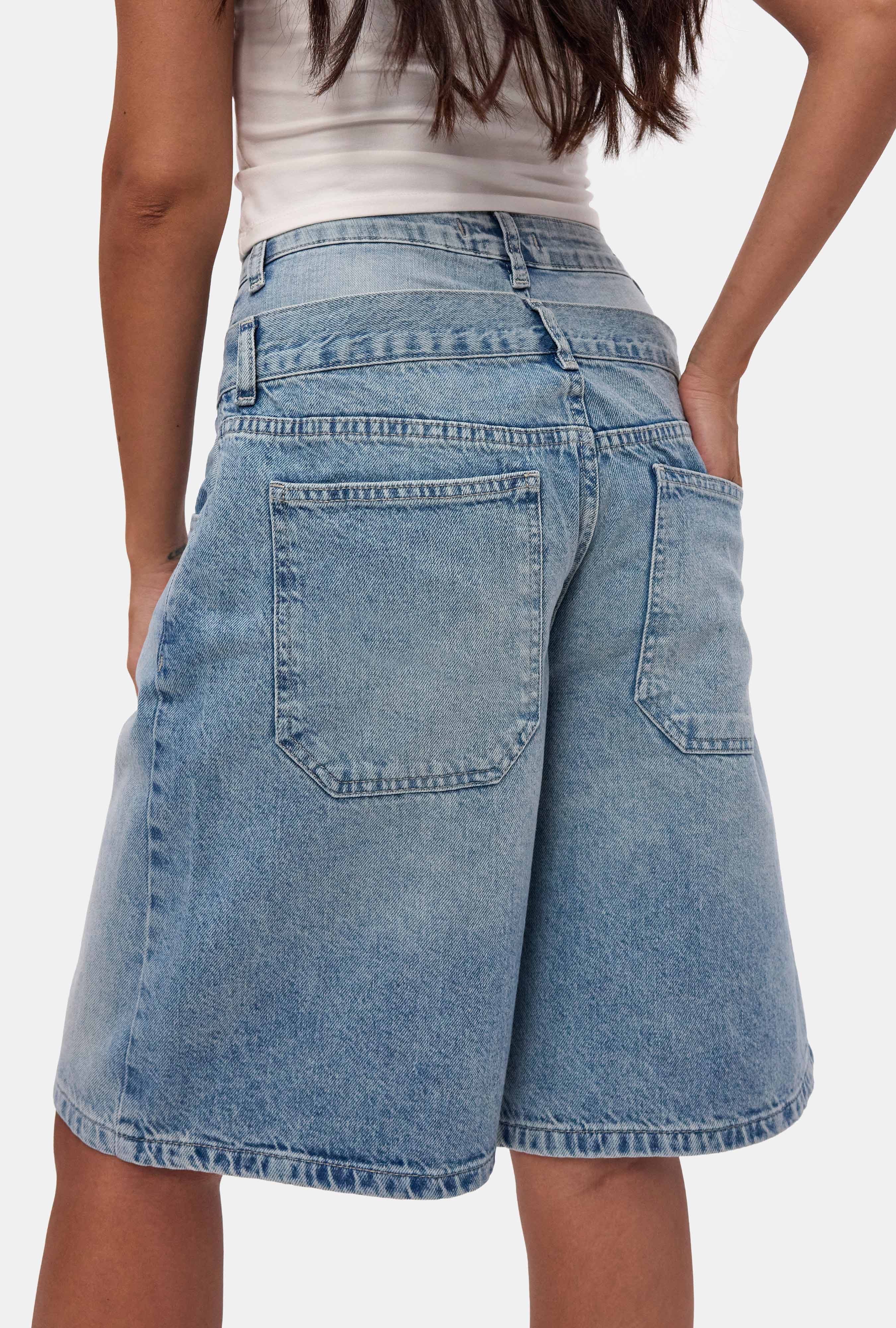 Kadın Kot Rengi 4s6-32 Baggy Fit Yüksek Bel Tasarım Denim Bermuda Şort