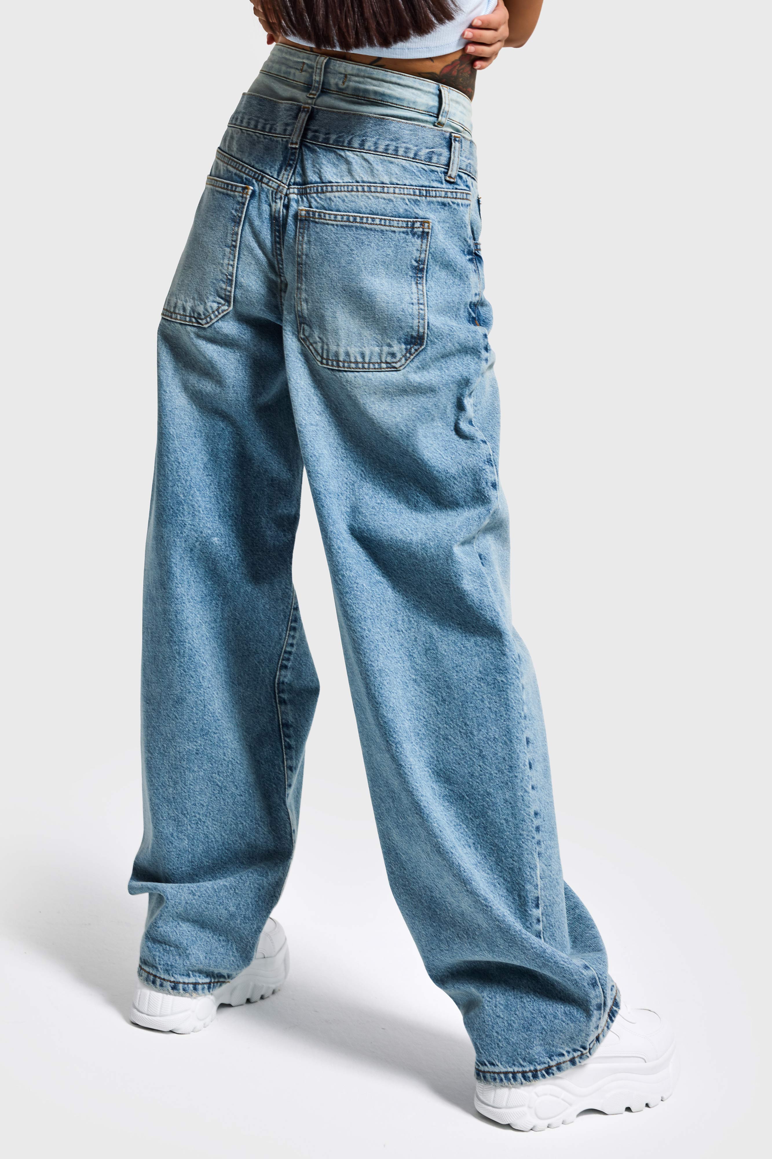 Kadın Kot Rengi 4s6-32 Barrel Fit Bol Kesim Çift Kemer Detaylı Tasarım Denim Jean