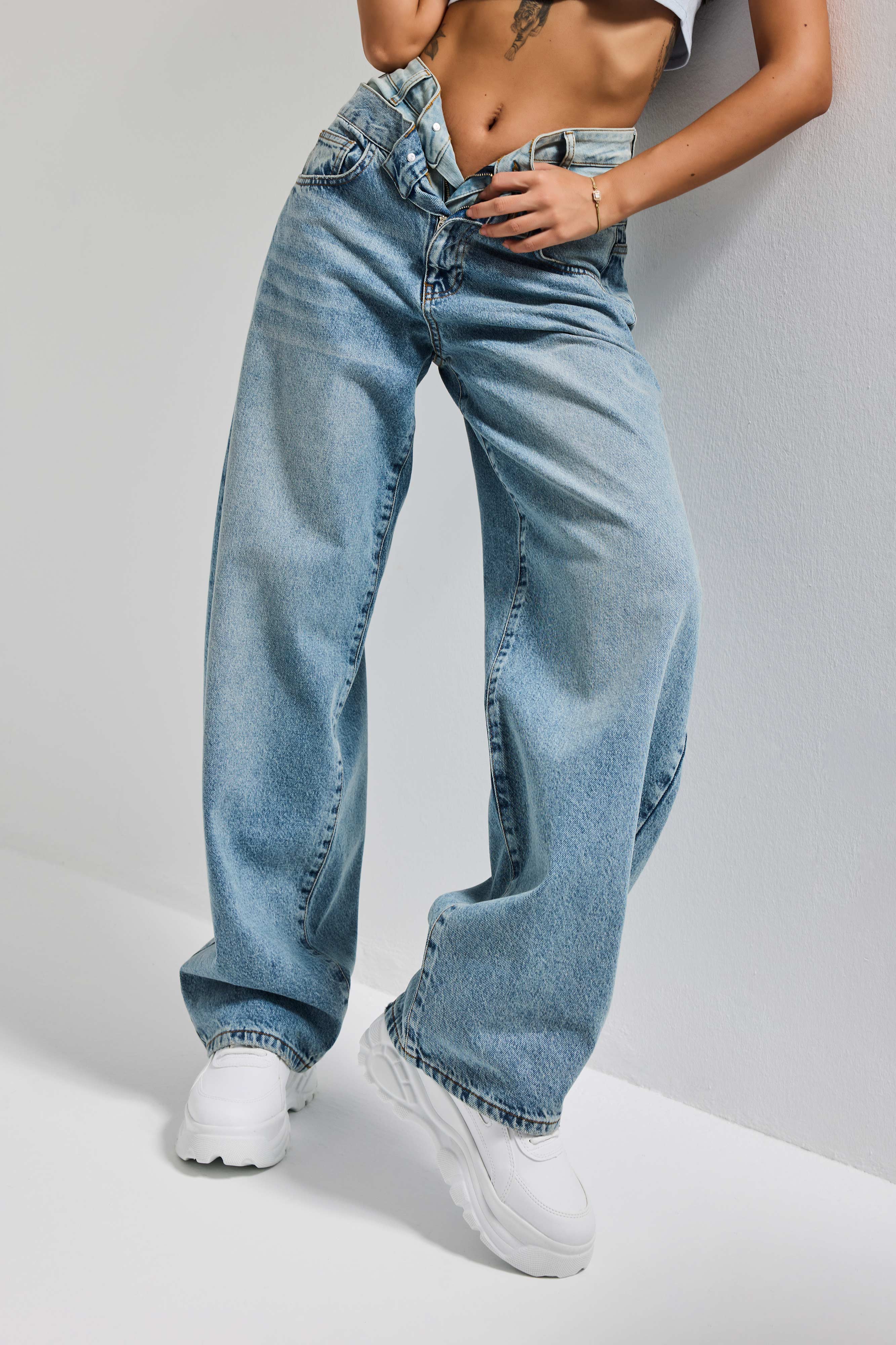 Kadın Kot Rengi 4s6-32 Barrel Fit Bol Kesim Çift Kemer Detaylı Tasarım Denim Jean