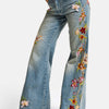 Women's Denim Color 4s6-32 Flare Fit Elastic Waist Special Floral Embroidered Design Denim Jeans