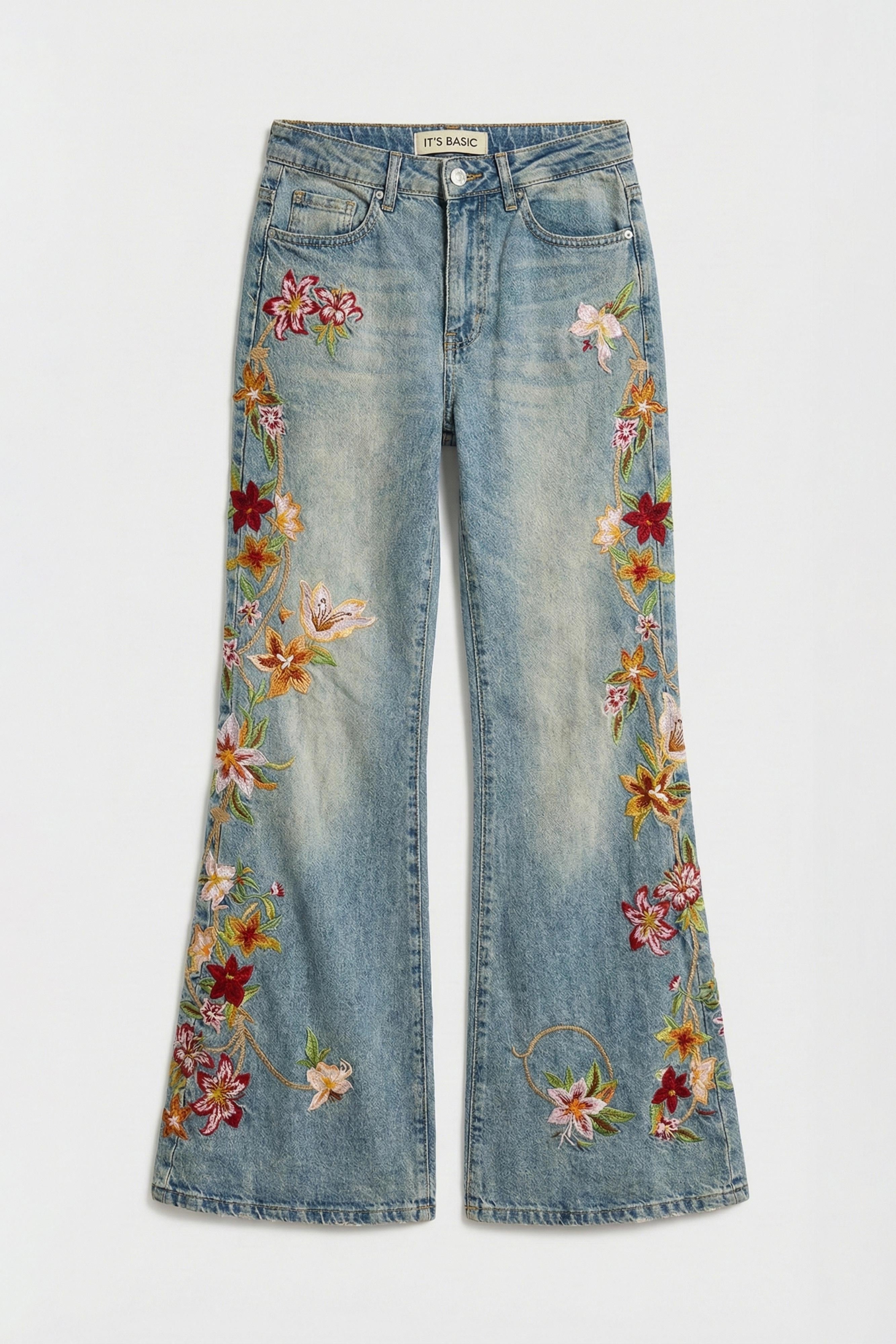 Kadın Kot Rengi 4s6-32 Flare Fit Beli Lastikli Özel Çiçek Desen Nakışlı Tasarım Denim Jean