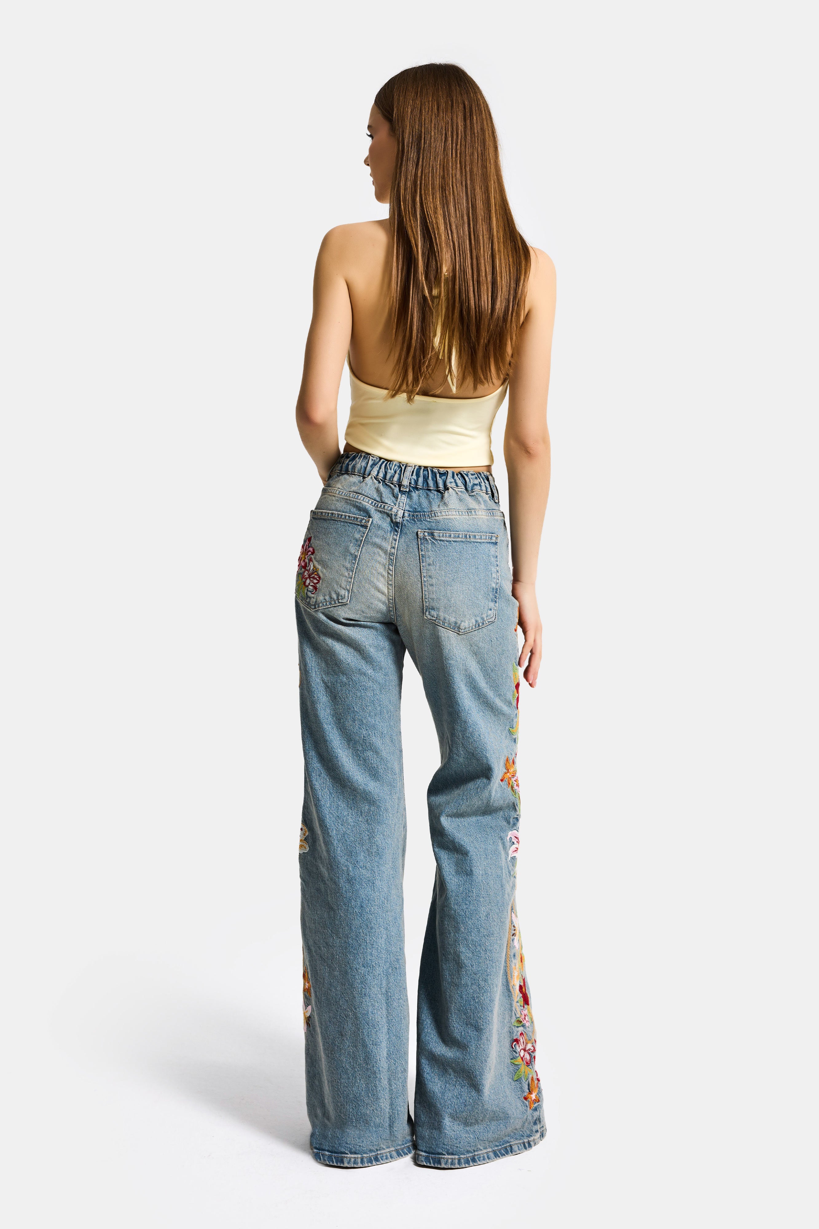 Kadın Kot Rengi 4s6-32 Flare Fit Beli Lastikli Özel Çiçek Desen Nakışlı Tasarım Denim Jean