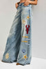Women's Denim Blue 4s6-32 Palazzo Fit Sea World Embroidered Custom Design Denim Jean