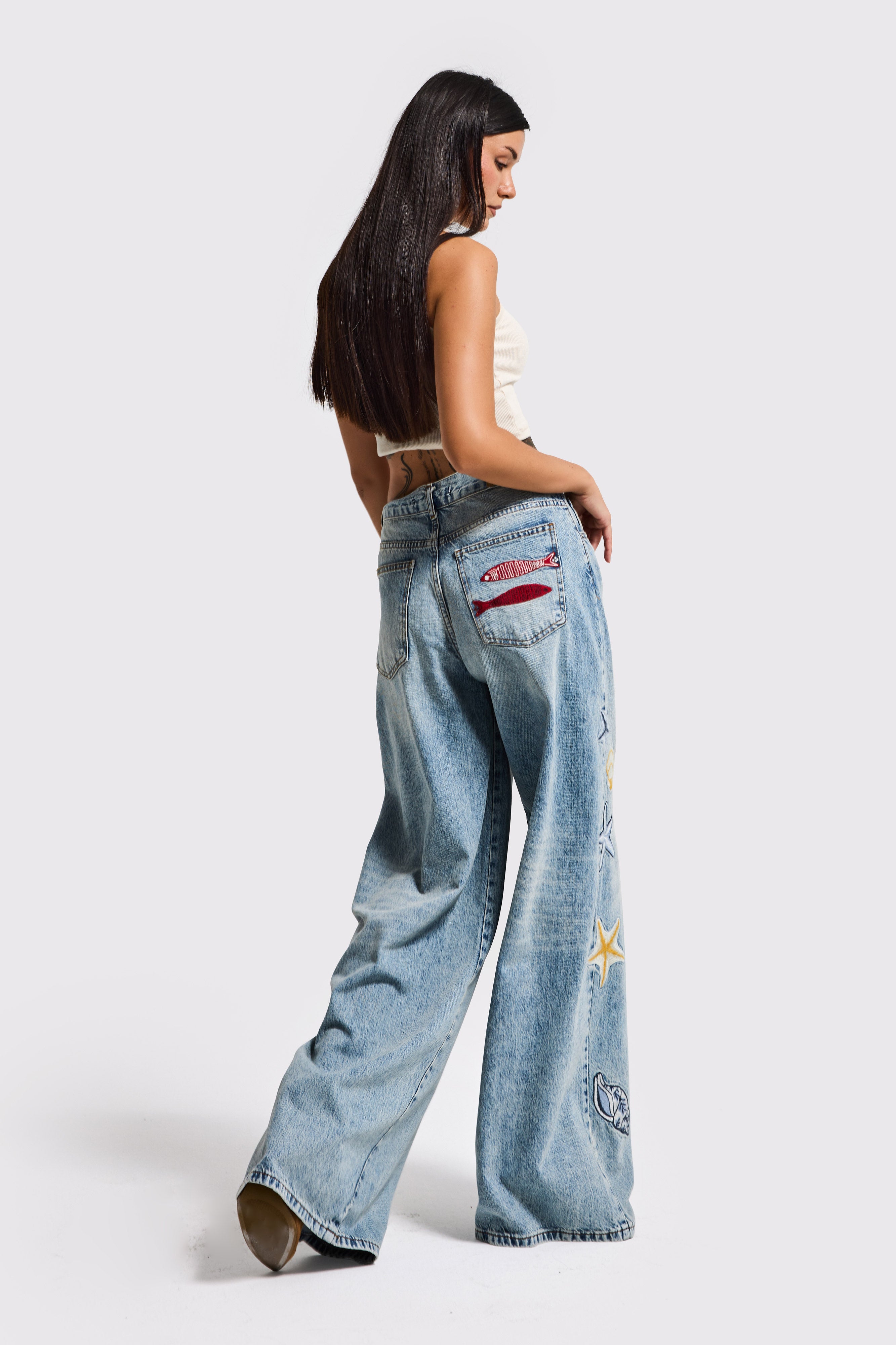 Kadın Kot Rengi 4s6-32 Palazzo Fit Deniz Dünyası Nakışlı Özel Tasarım Denim Jean