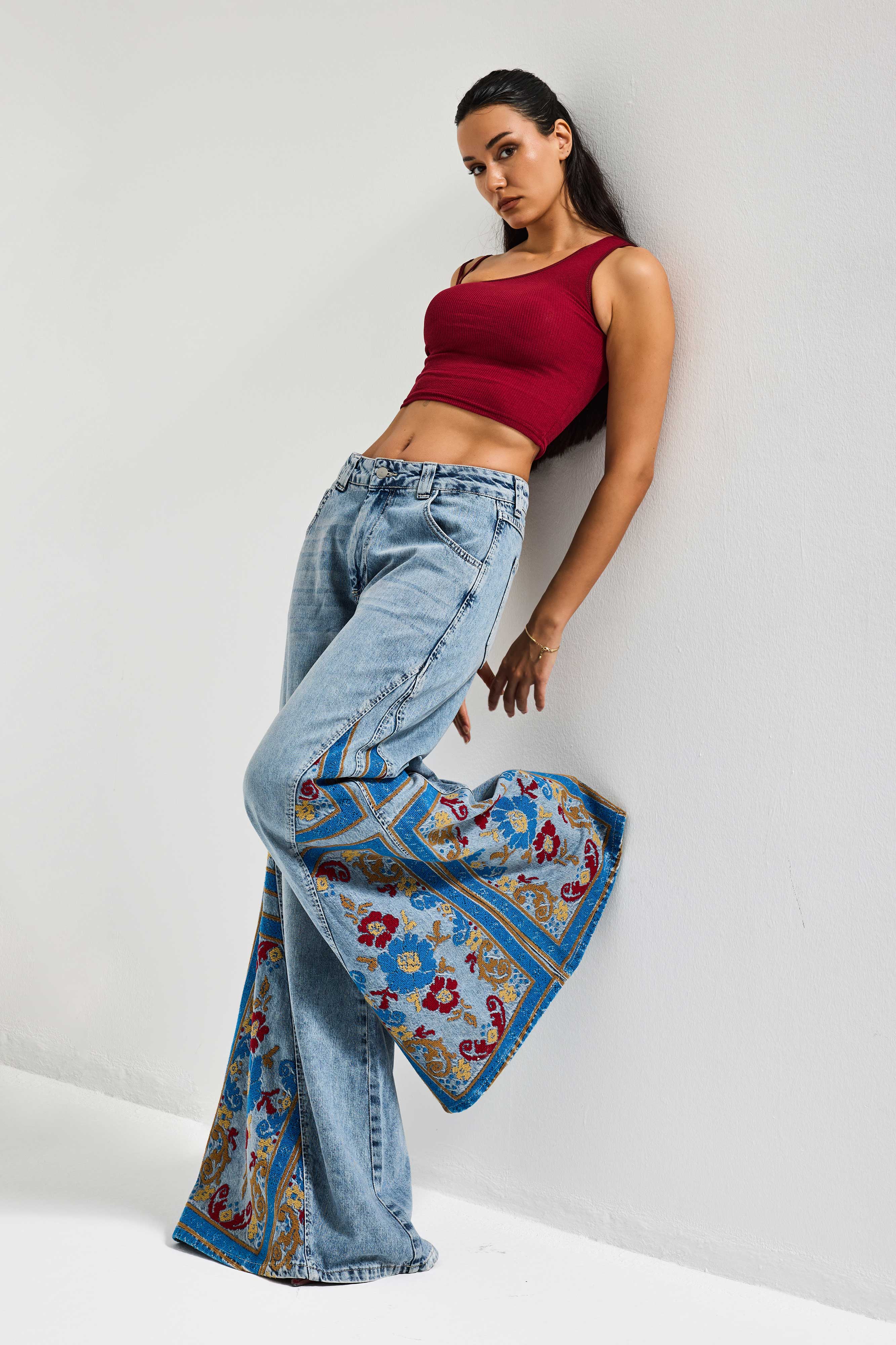 Kadın Kot Rengi 4s6-32 Palazzo Fit Özel Desen Nakışlı Tasarım Denim Jean