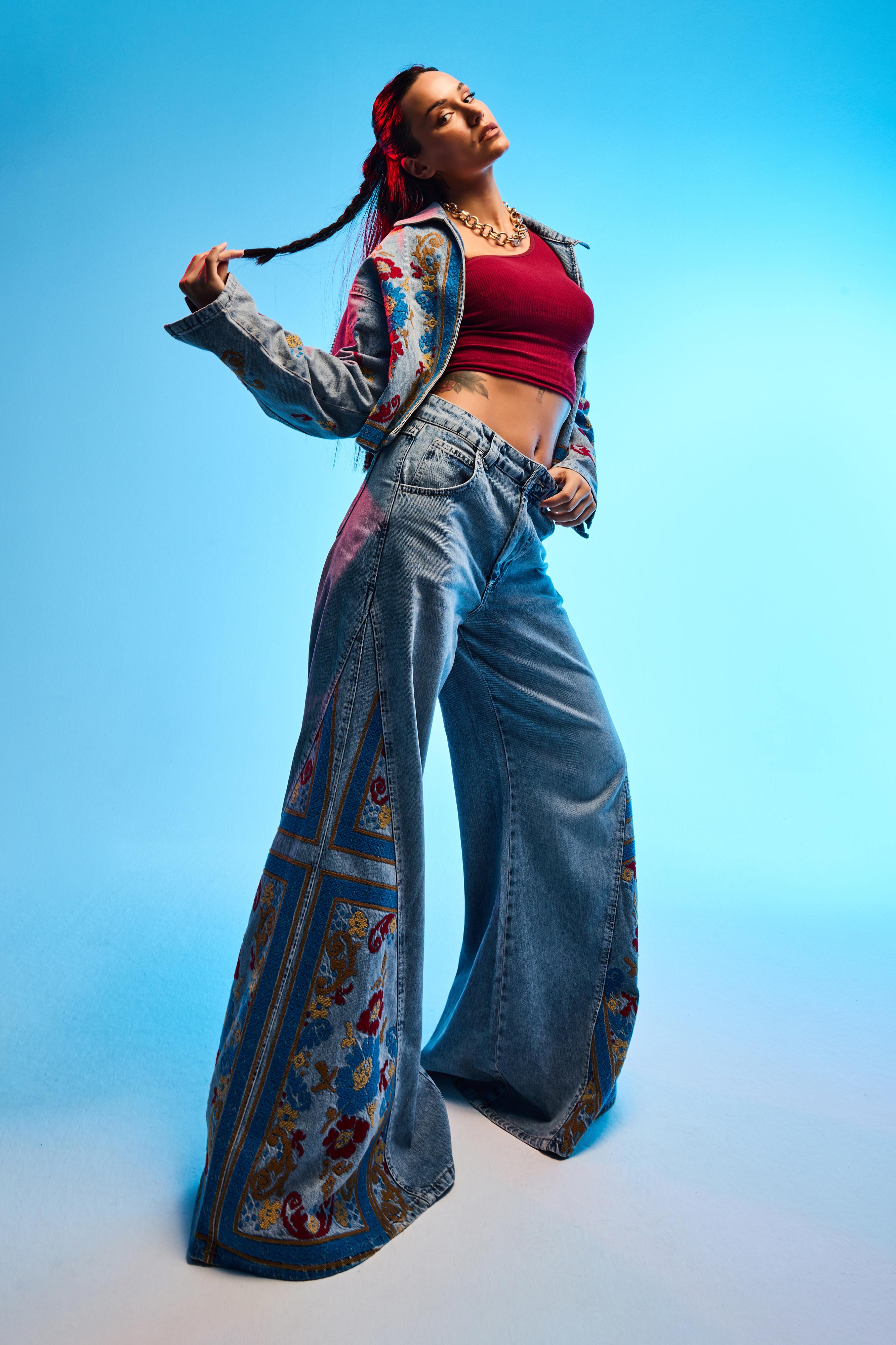 Kadın Kot Rengi 4s6-32 Palazzo Fit Özel Desen Nakışlı Tasarım Denim Jean