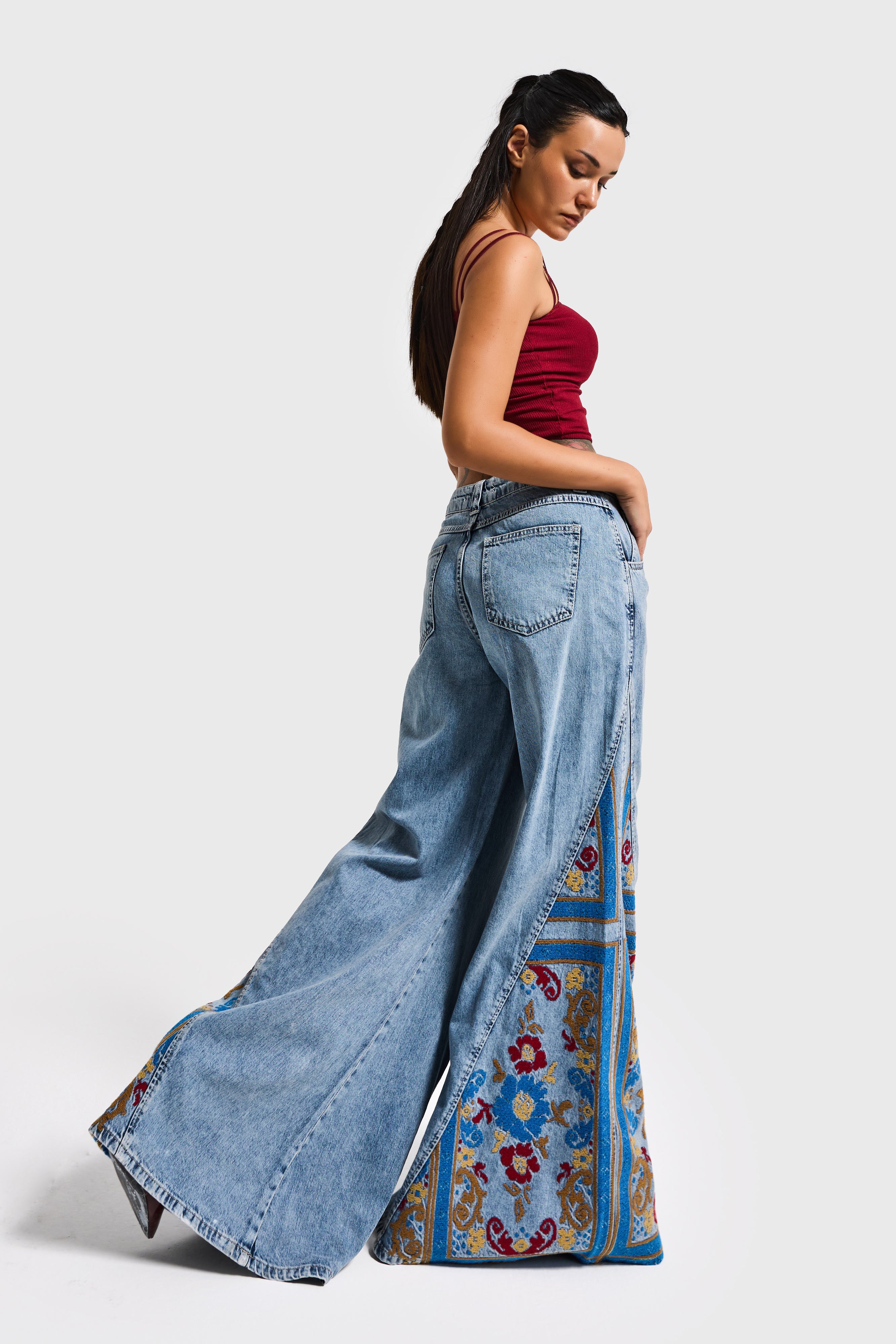 Kadın Kot Rengi 4s6-32 Palazzo Fit Özel Desen Nakışlı Tasarım Denim Jean