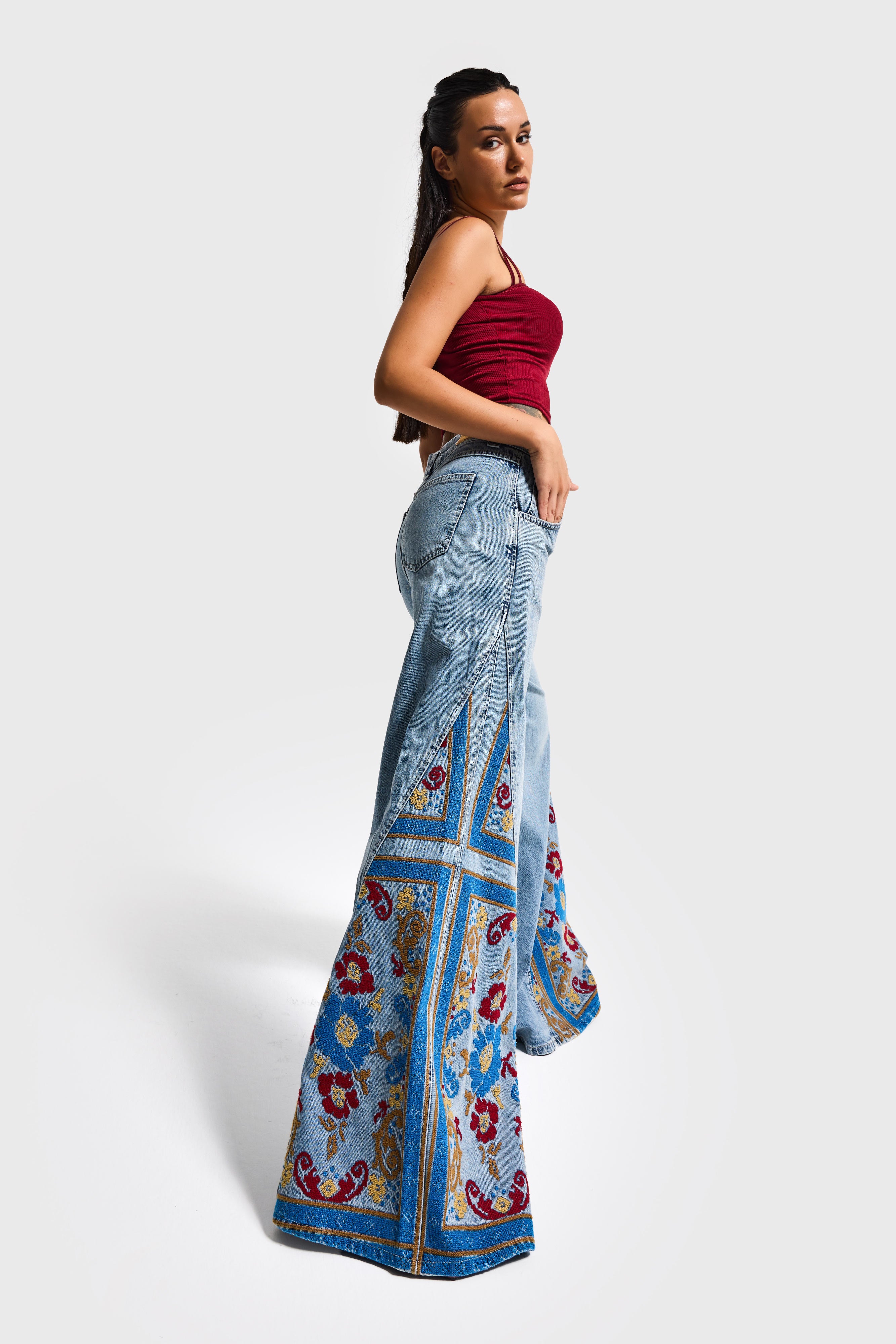 Kadın Kot Rengi 4s6-32 Palazzo Fit Özel Desen Nakışlı Tasarım Denim Jean