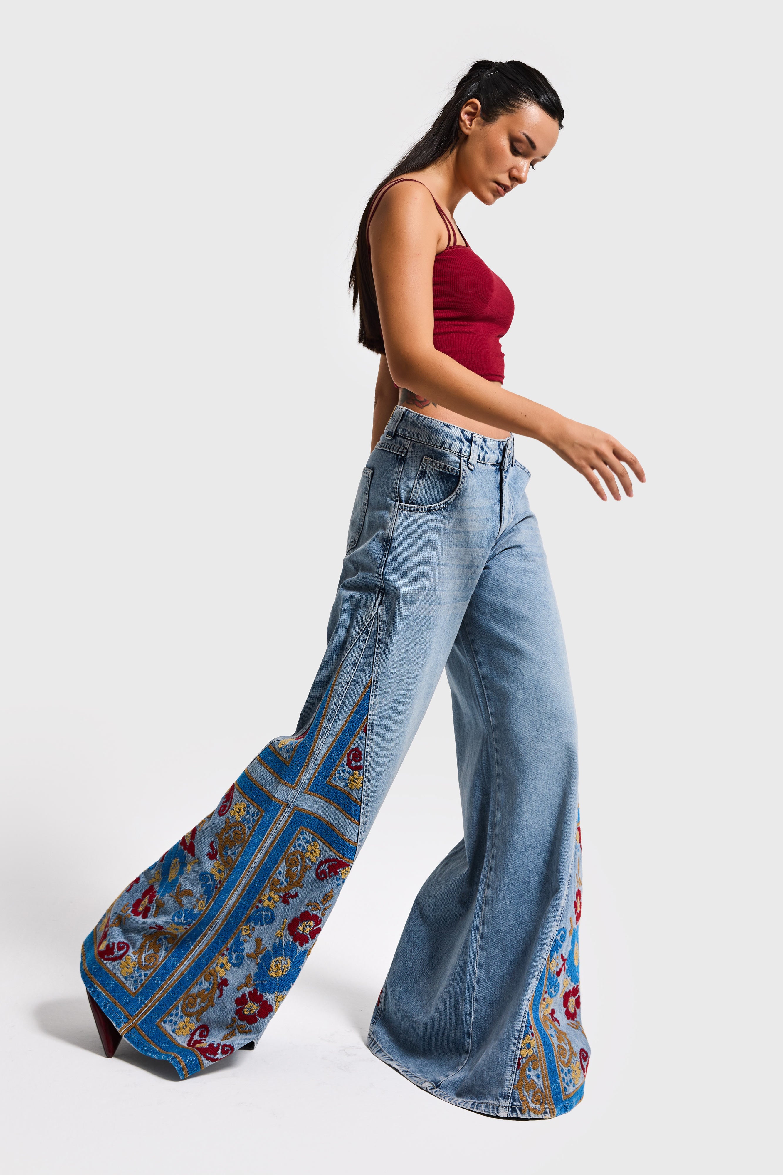 Kadın Kot Rengi 4s6-32 Palazzo Fit Özel Desen Nakışlı Tasarım Denim Jean