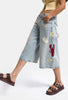 Kadın Kot Rengi 4s6-32 Palazzo Nakış Tasarım Bermuda Denim Jort