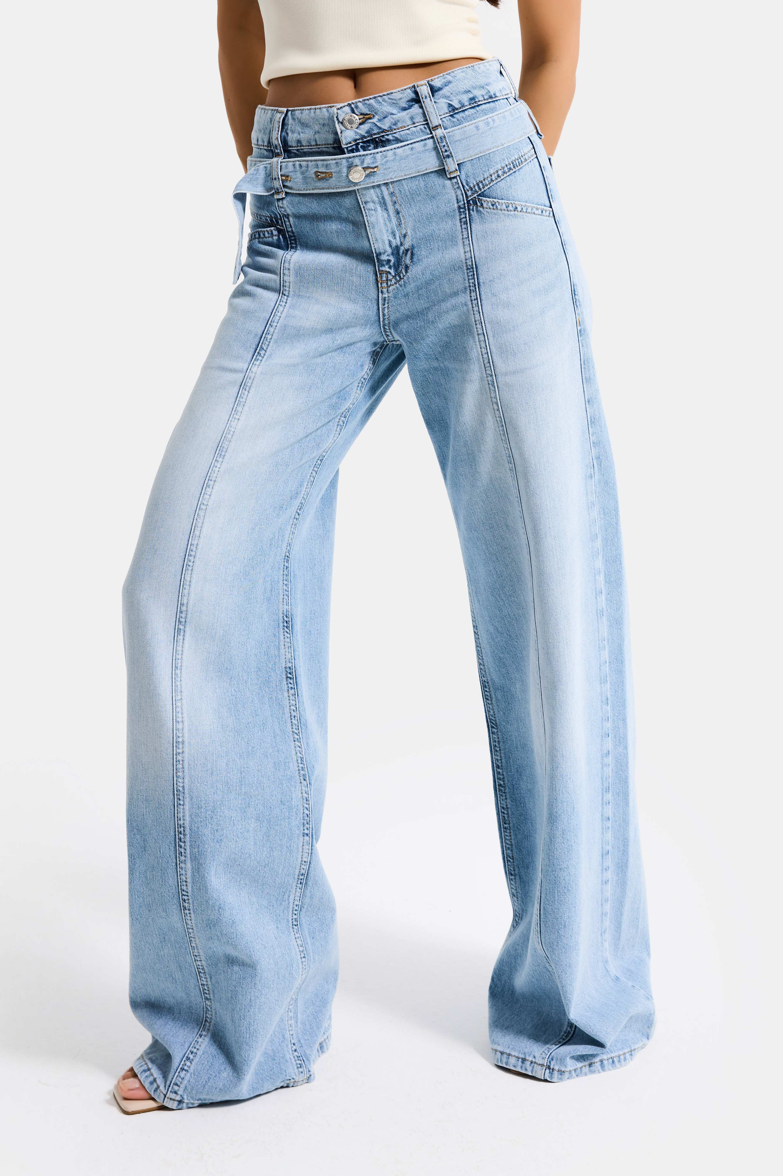 Kadın Kot Rengi 4s6-32 Straight Fit Kemer Detaylı Özel Tasarım Denim Jean