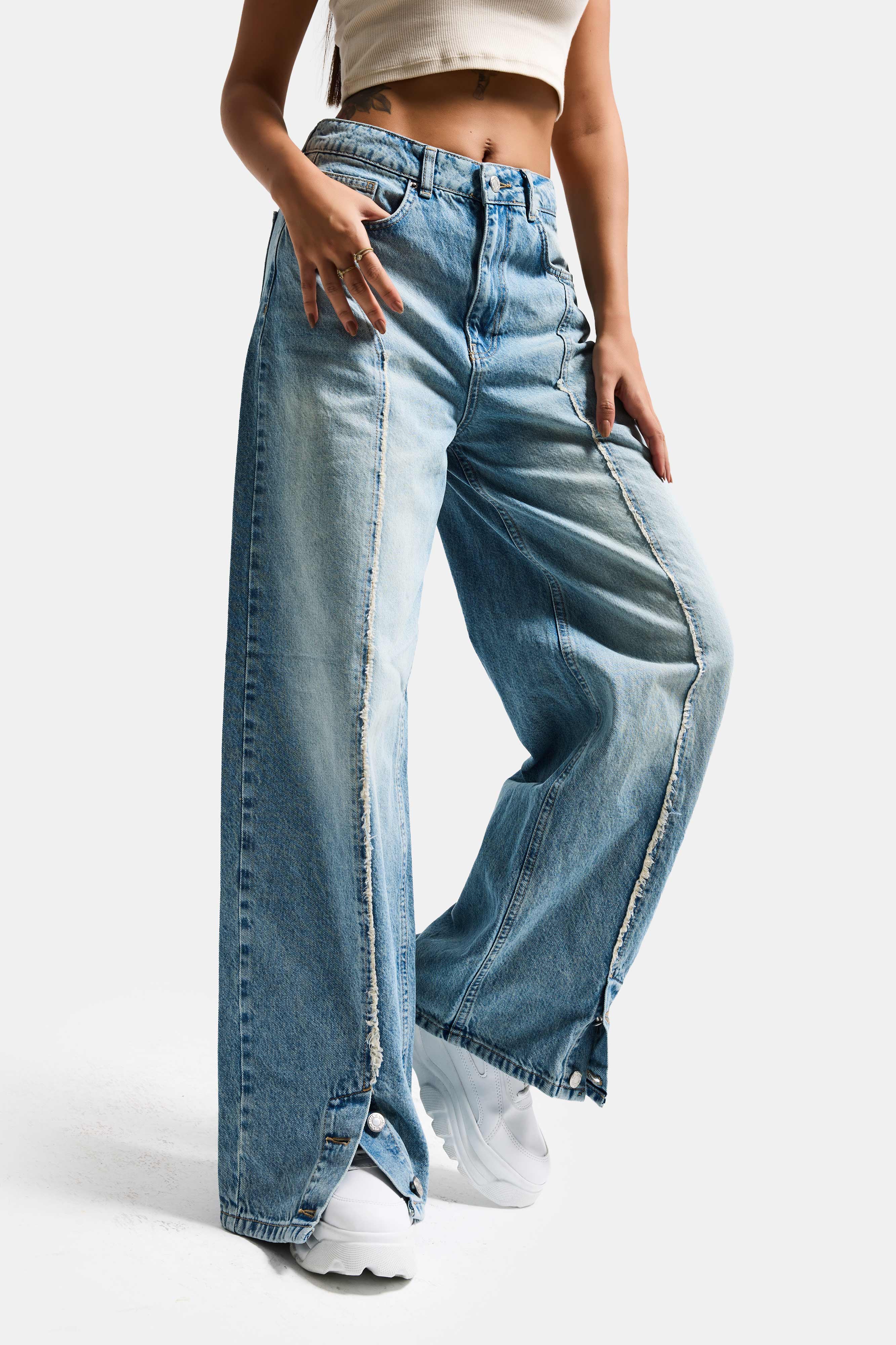 Kadın Kot Rengi 4s6-32 Süper Baggy Fit Paça Detaylı Özel Tasarım Denim Jean