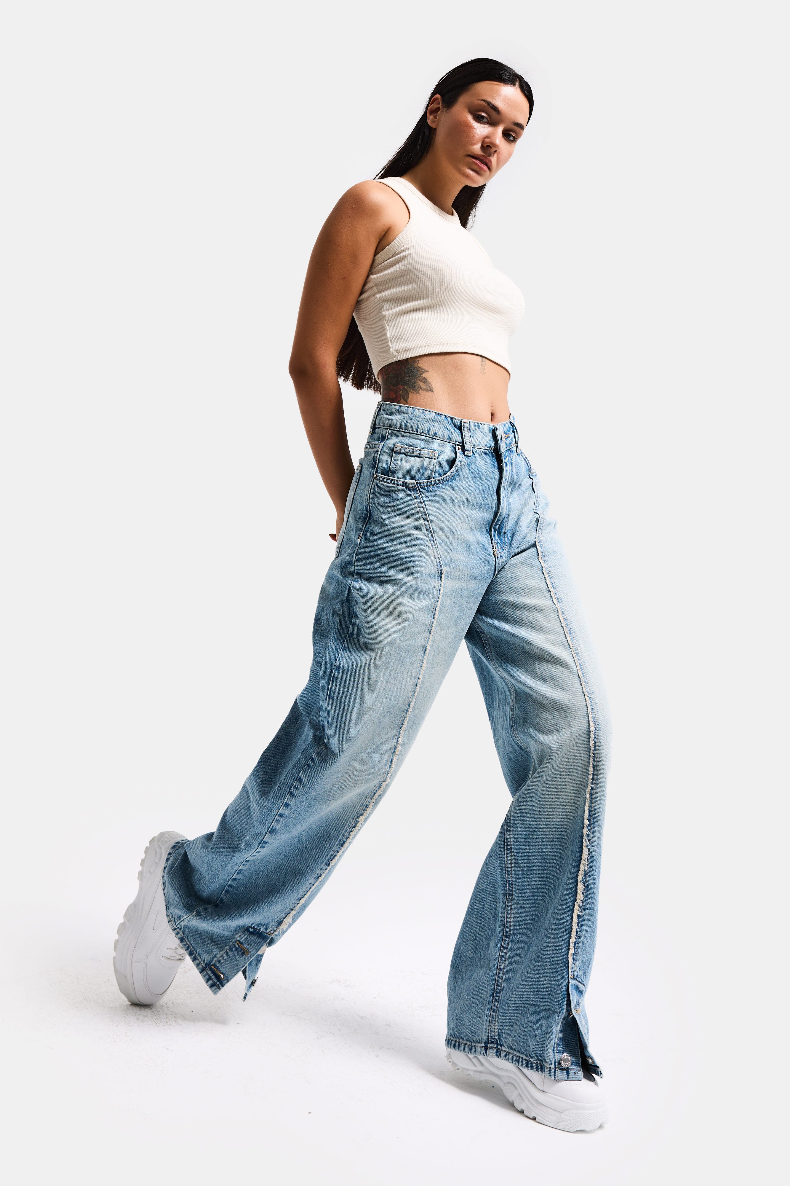 Kadın Kot Rengi 4s6-32 Süper Baggy Fit Paça Detaylı Özel Tasarım Denim Jean