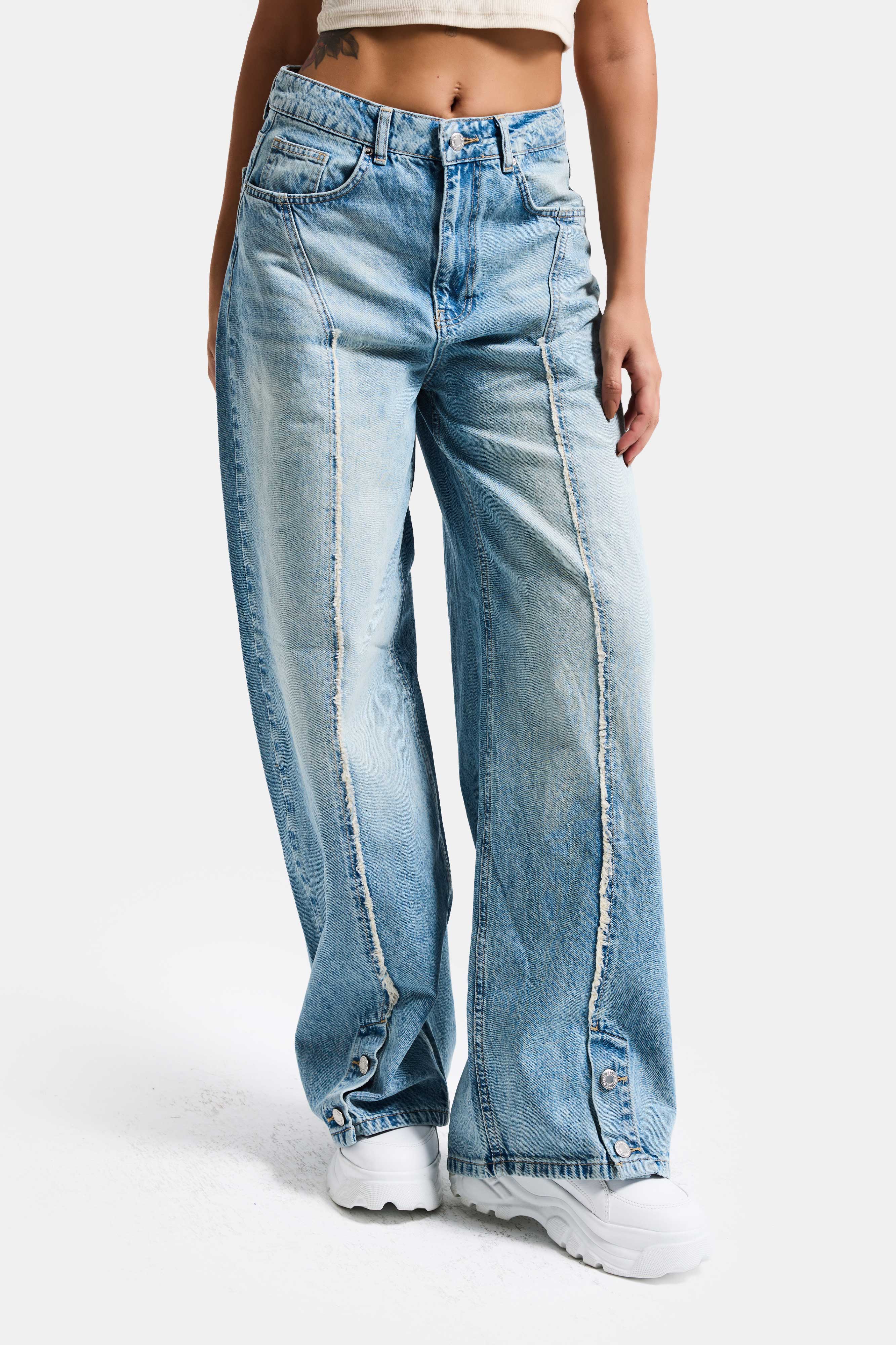 Kadın Kot Rengi 4s6-32 Süper Baggy Fit Paça Detaylı Özel Tasarım Denim Jean