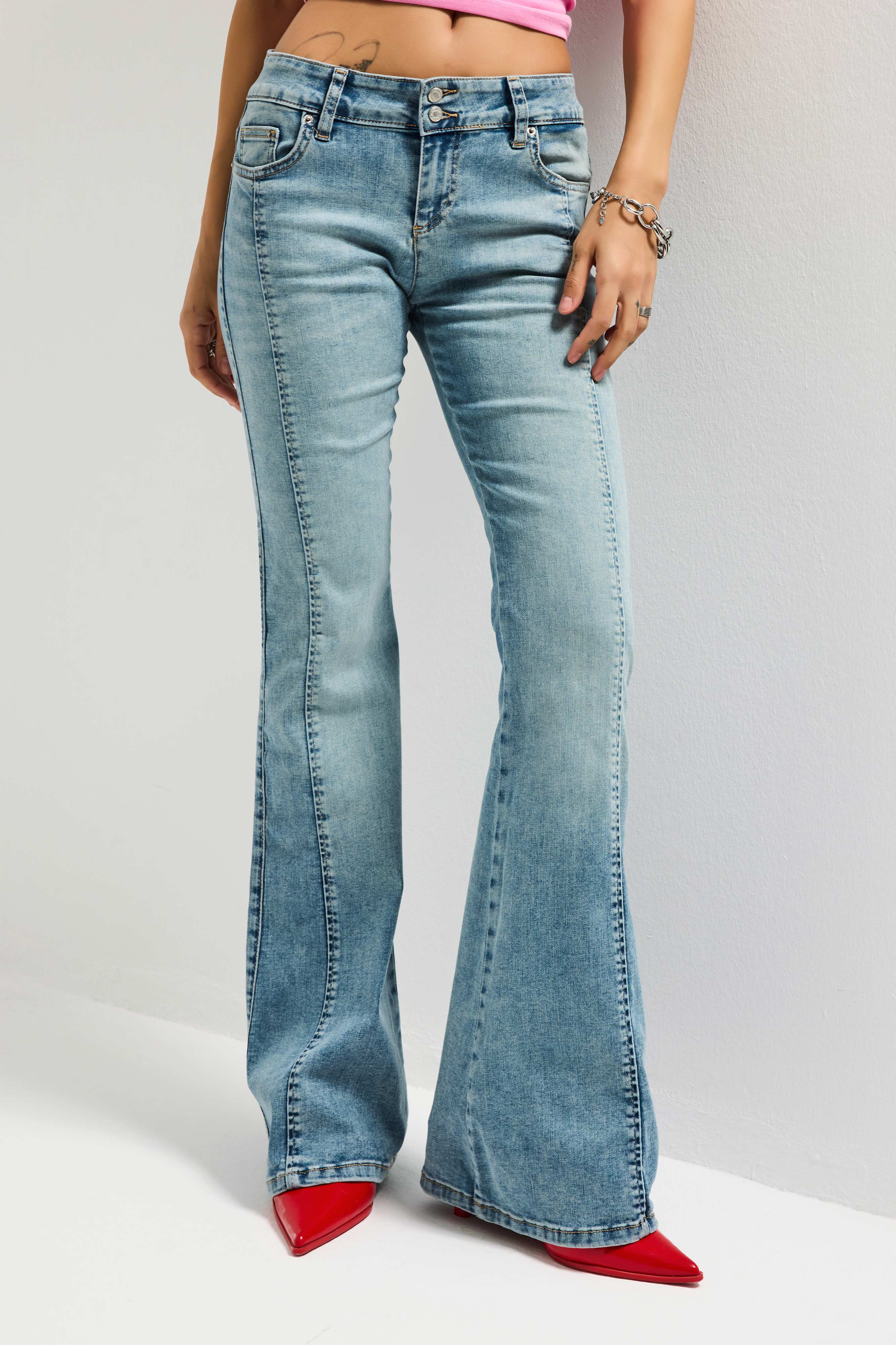 Kadın Kot Rengi 4s6-32 SWL Mid Rise Flare Fit Orta Bel Esnek Kumaş Denim Jean