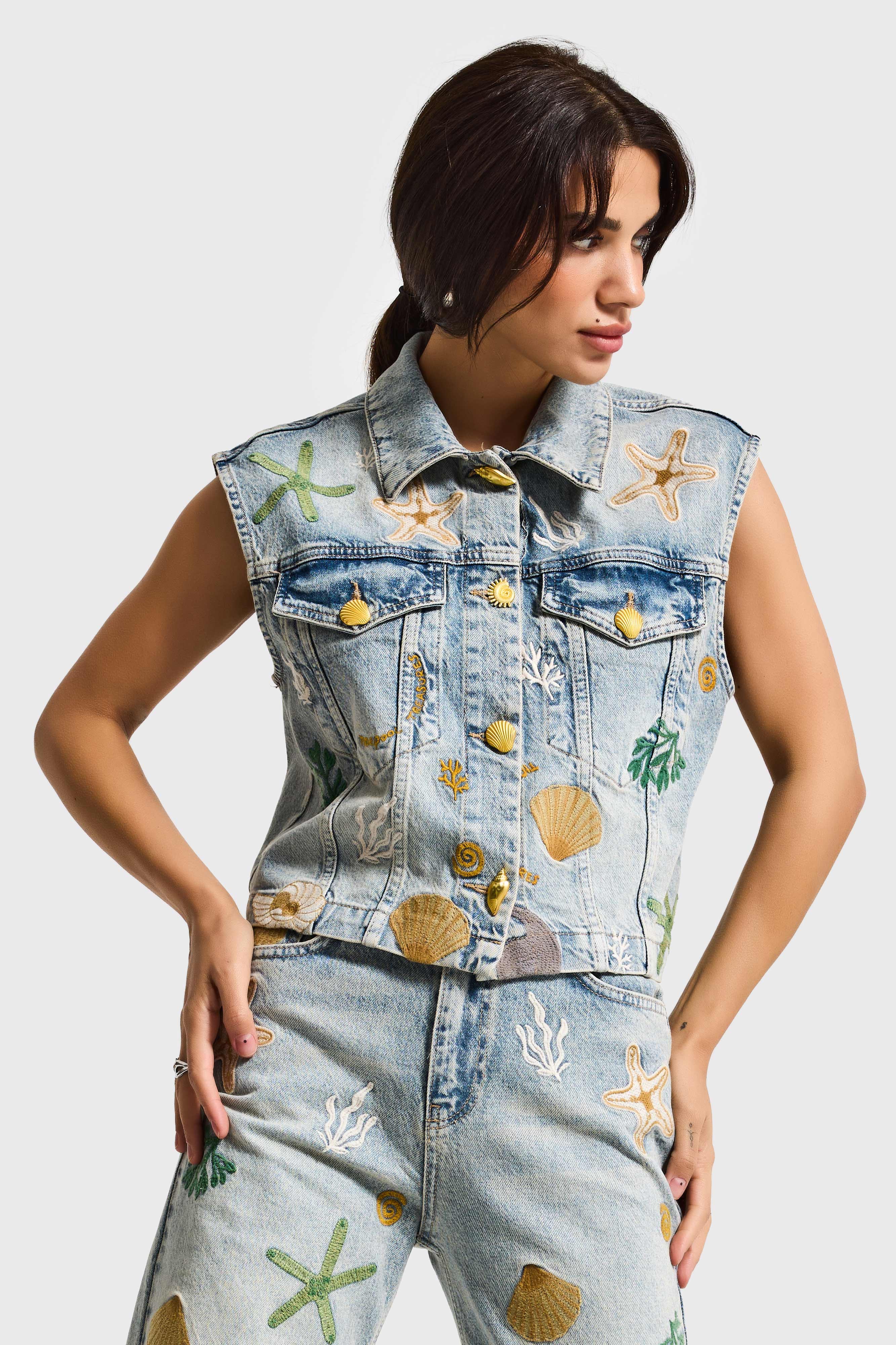 Kadın Kot Rengi 4s6-65 Düz Kesim Özel Desen Nakışlı Tasarım Denim Yelek