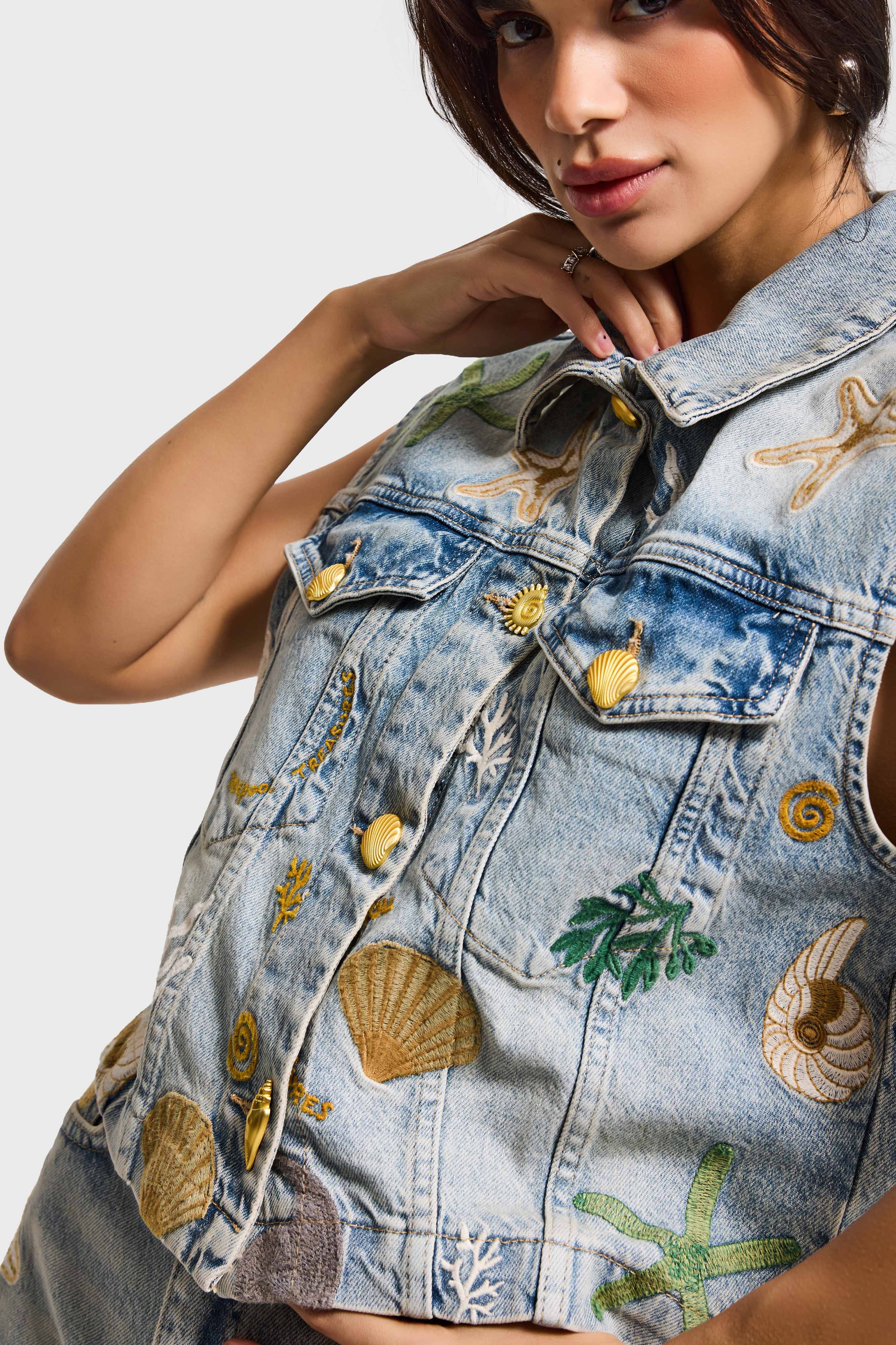 Kadın Kot Rengi 4s6-65 Düz Kesim Özel Desen Nakışlı Tasarım Denim Yelek