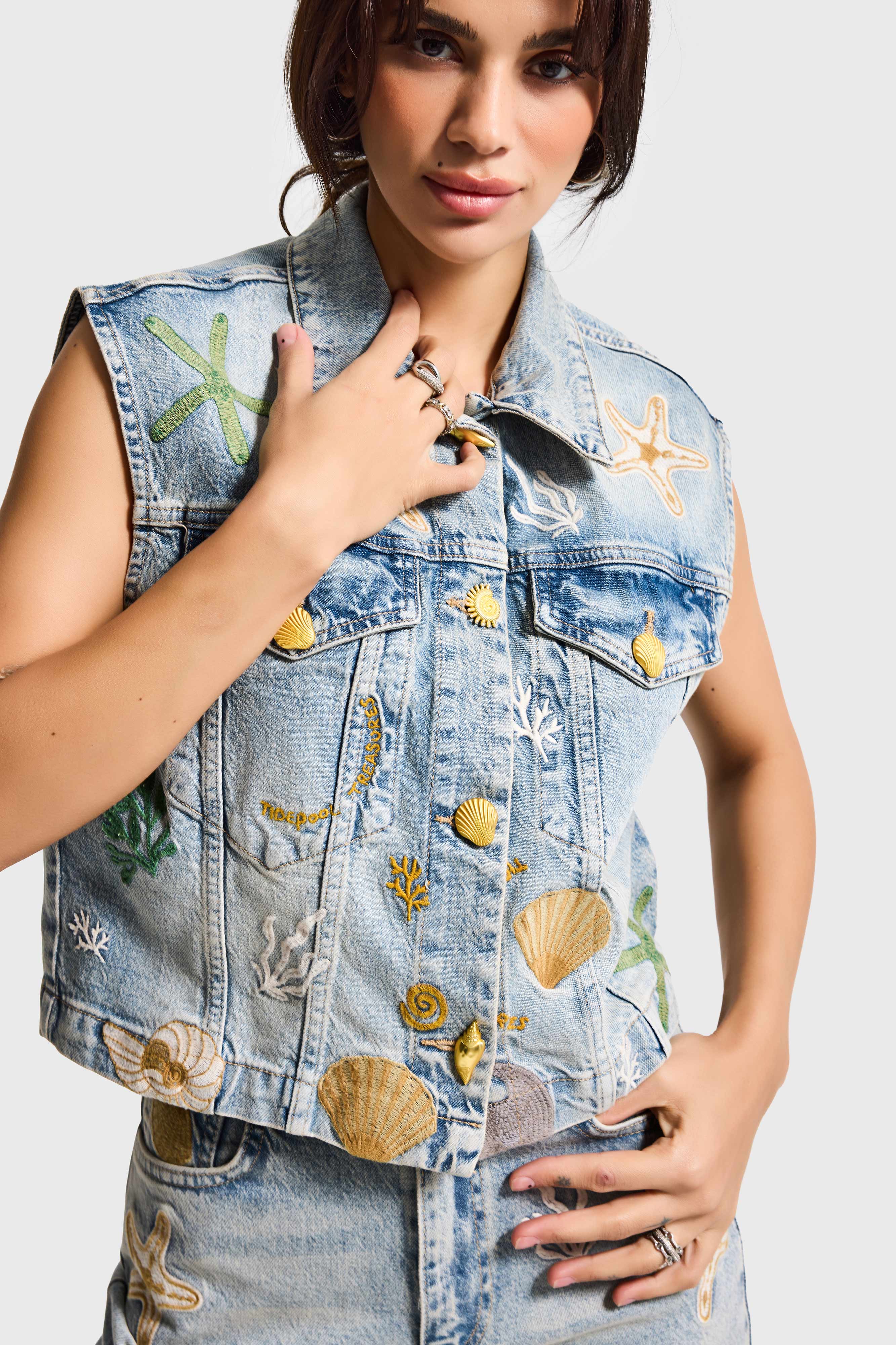 Kadın Kot Rengi 4s6-65 Düz Kesim Özel Desen Nakışlı Tasarım Denim Yelek