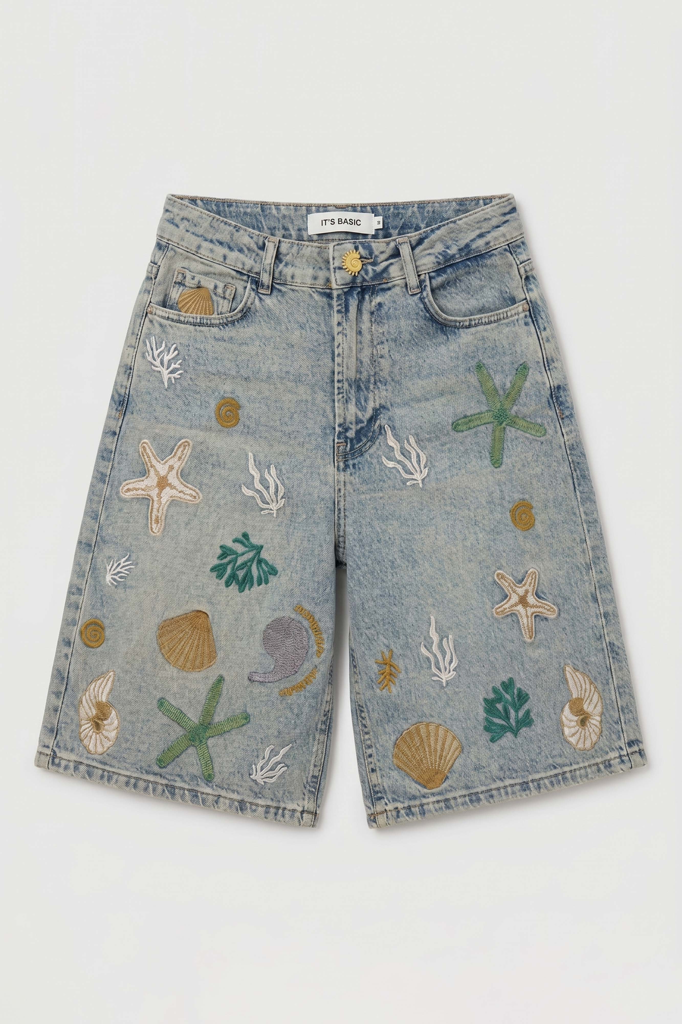 Kadın Kot Rengi 4s6-65 Nakışlı Özel Tasarım Bermuda Denim Şort