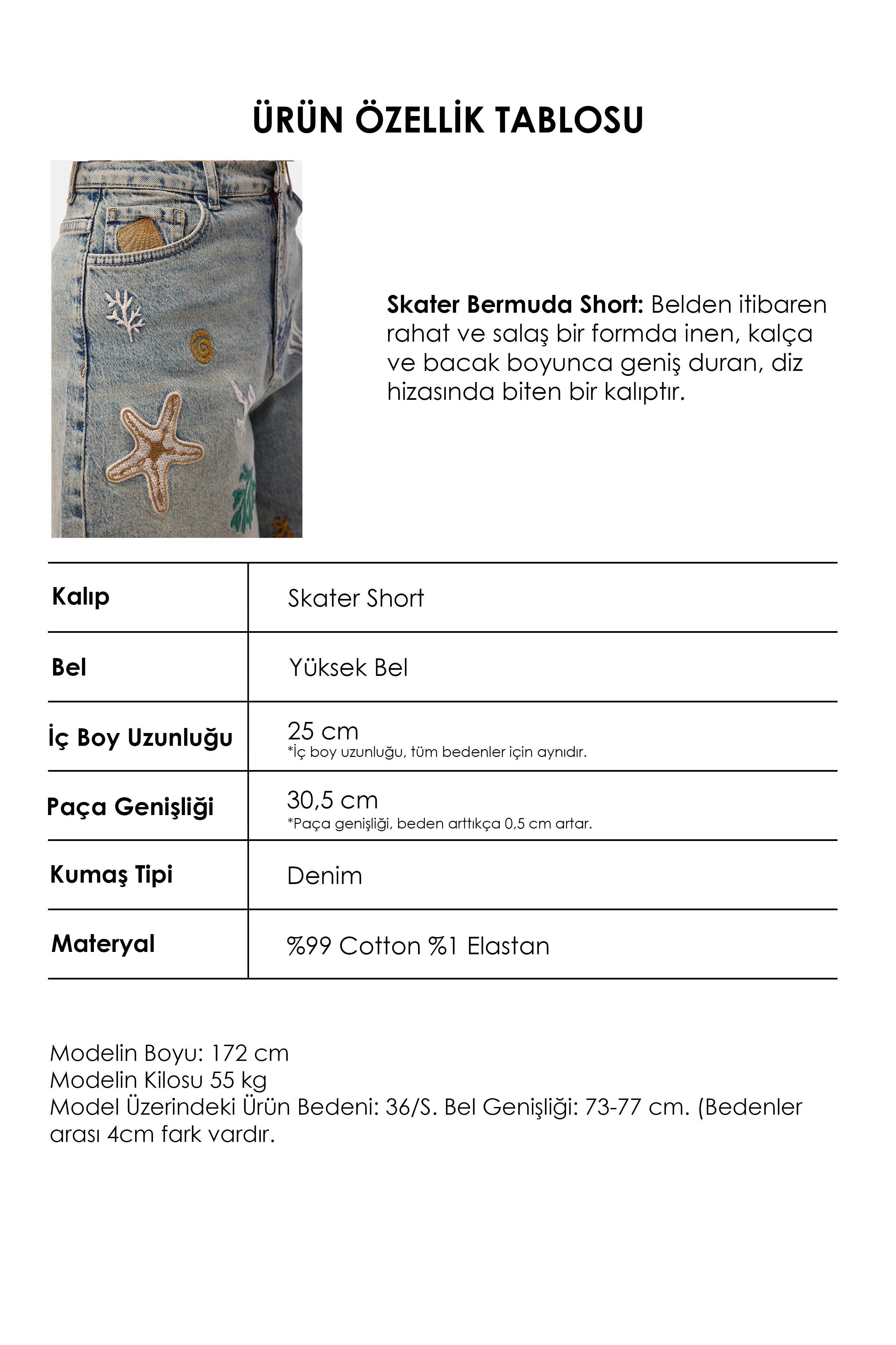 Kadın Kot Rengi 4s6-65 Nakışlı Özel Tasarım Bermuda Denim Şort