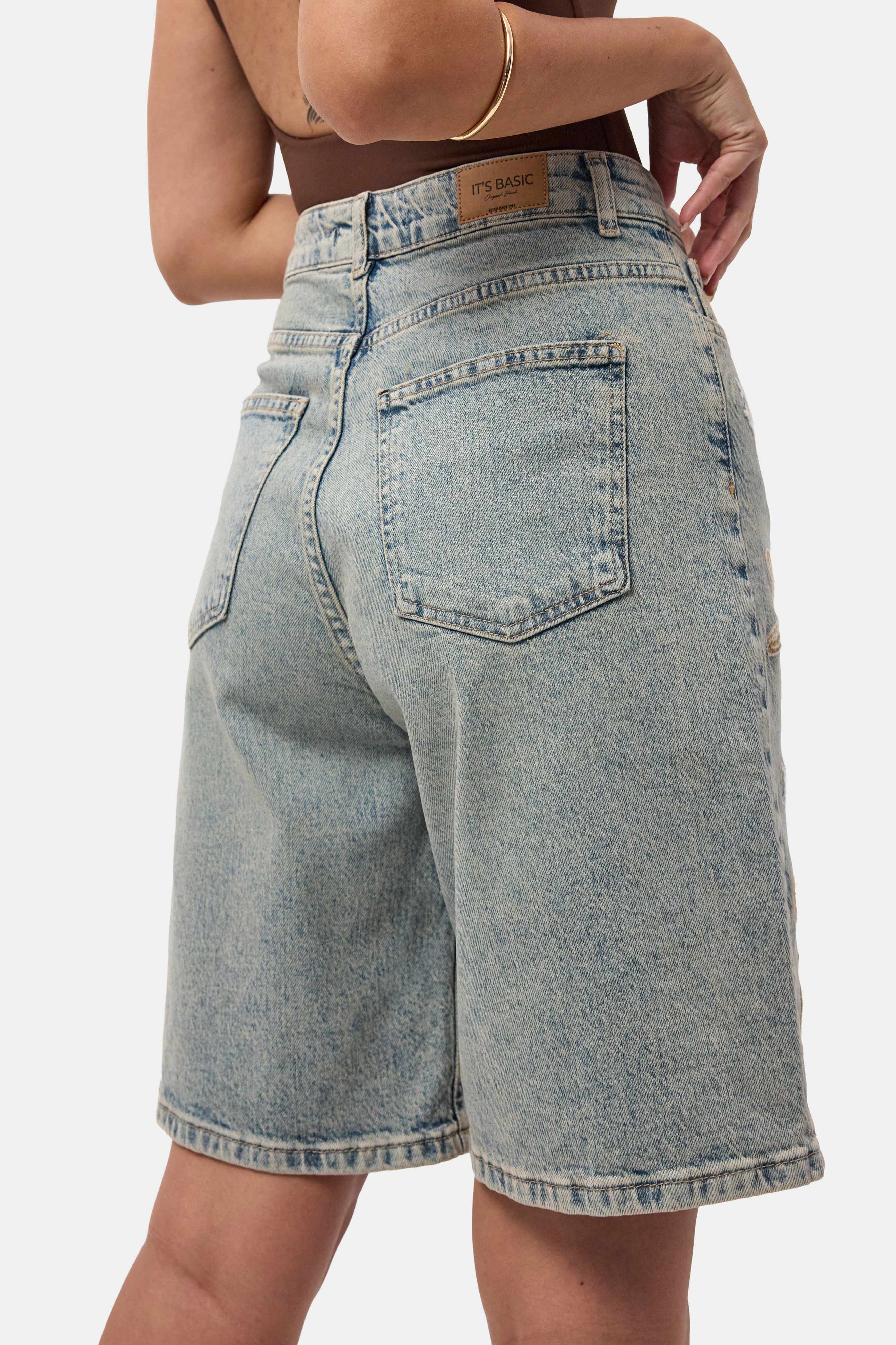 Kadın Kot Rengi 4s6-65 Nakışlı Özel Tasarım Bermuda Denim Şort