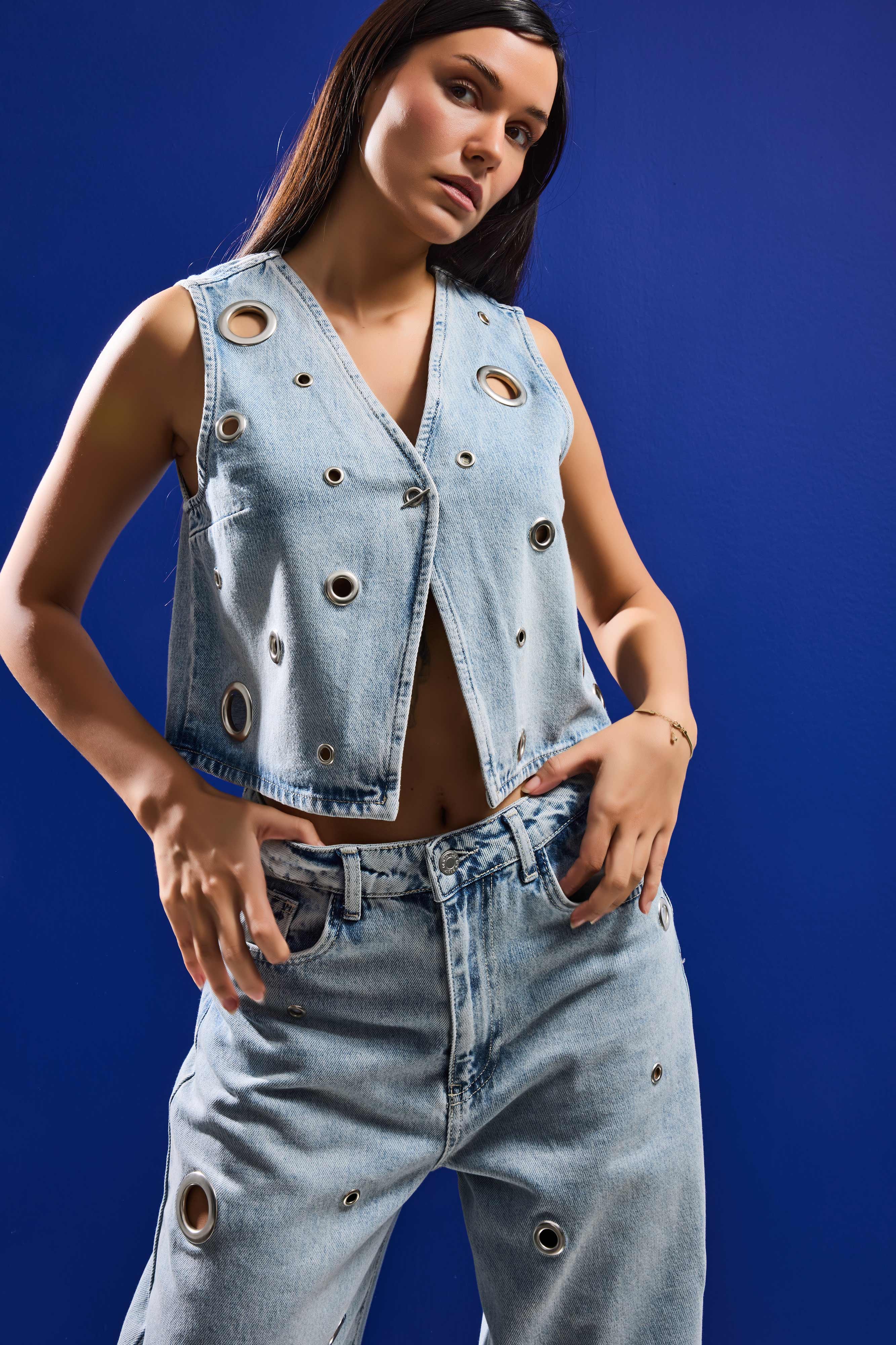 Kadın Kot Rengi 4s6-65 Rahat Kesim Kuş Gözü Detaylı Tasarım Sıfır Kol Denim Yelek