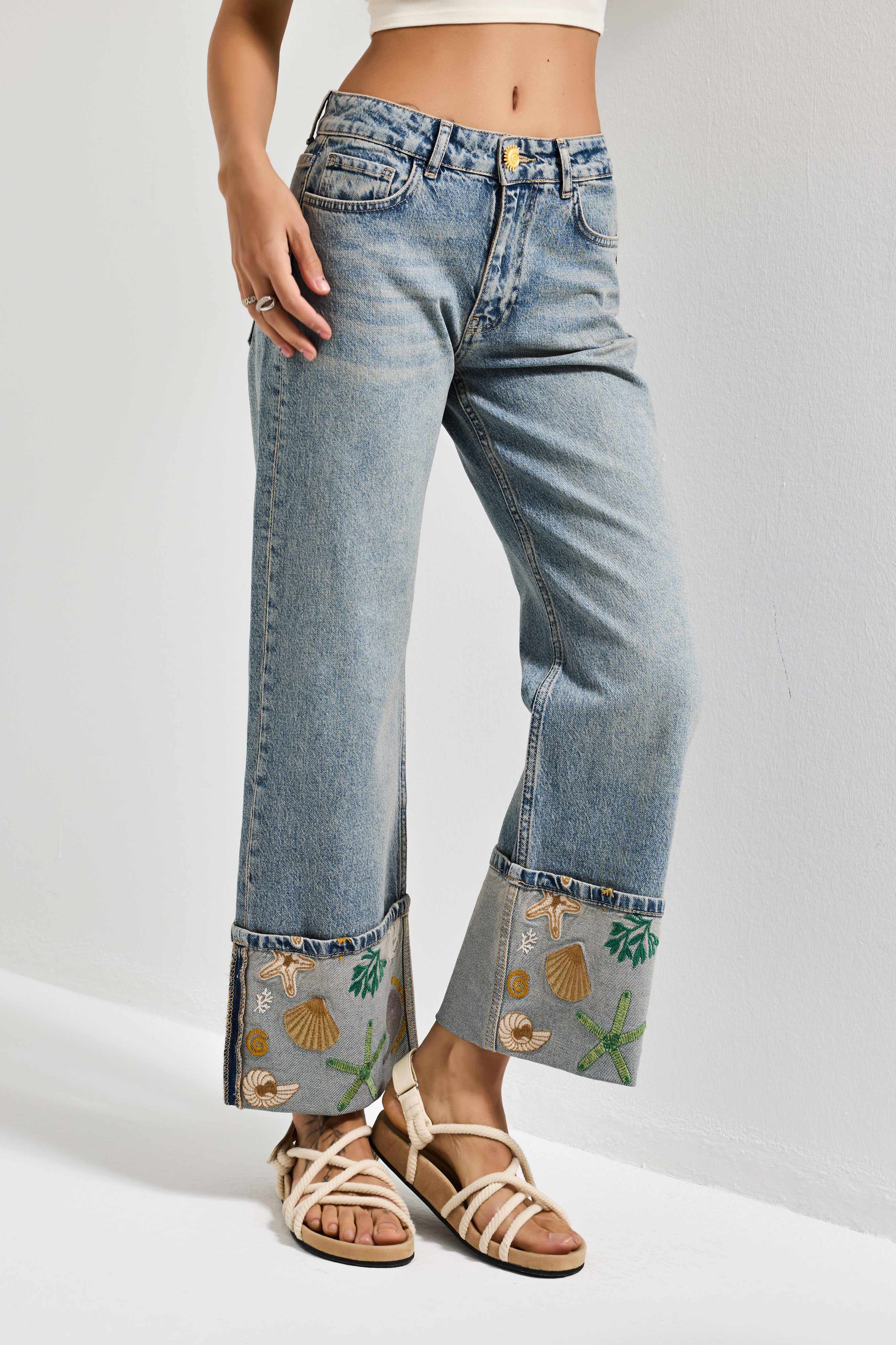 Kadın Kot Rengi 4s6-65 Straight Fit Corn Turn Up Elastan Kumaş Paça Nakışlı Tasarım Denim Jean