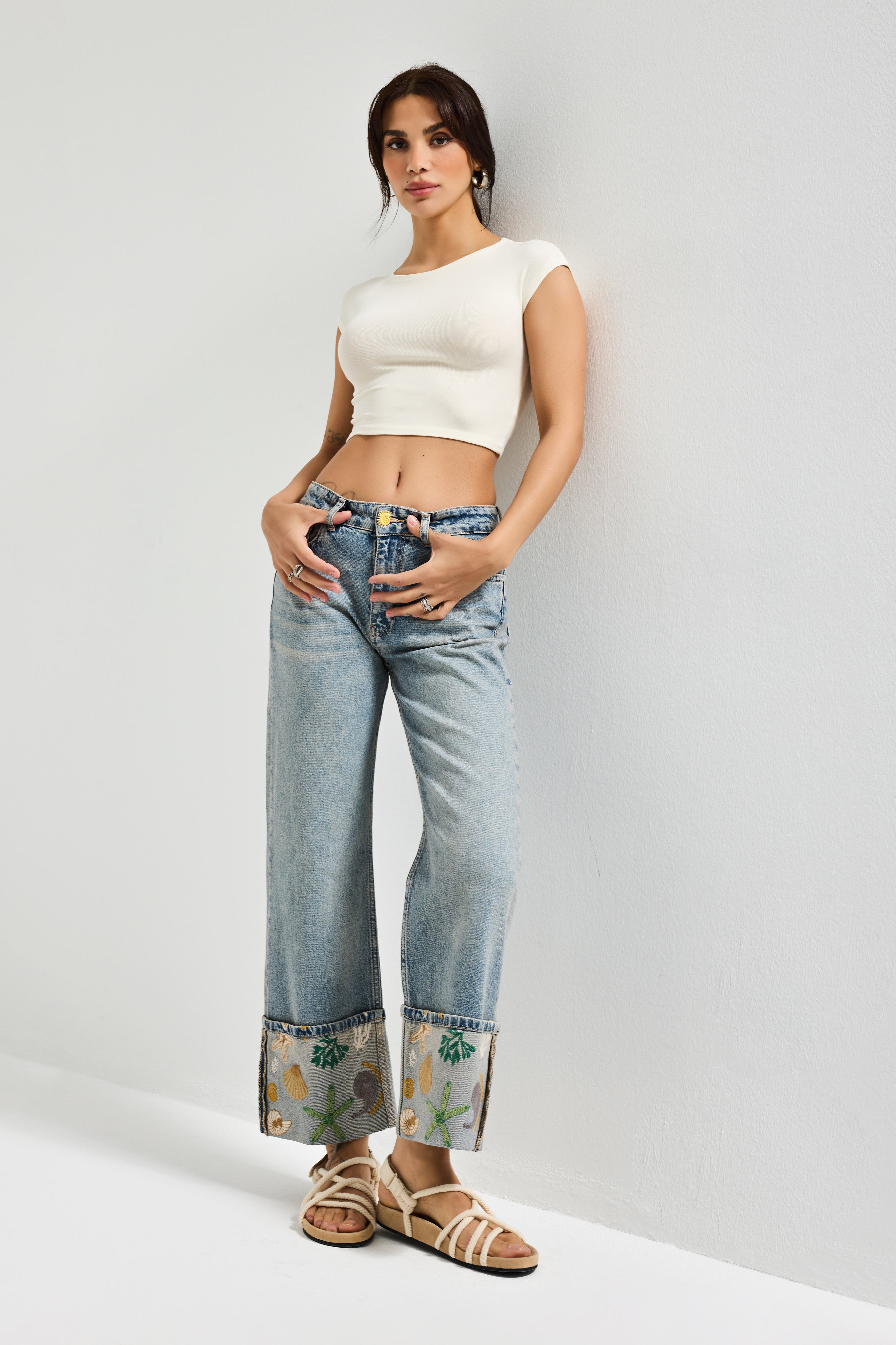 Kadın Kot Rengi 4s6-65 Straight Fit Corn Turn Up Elastan Kumaş Paça Nakışlı Tasarım Denim Jean